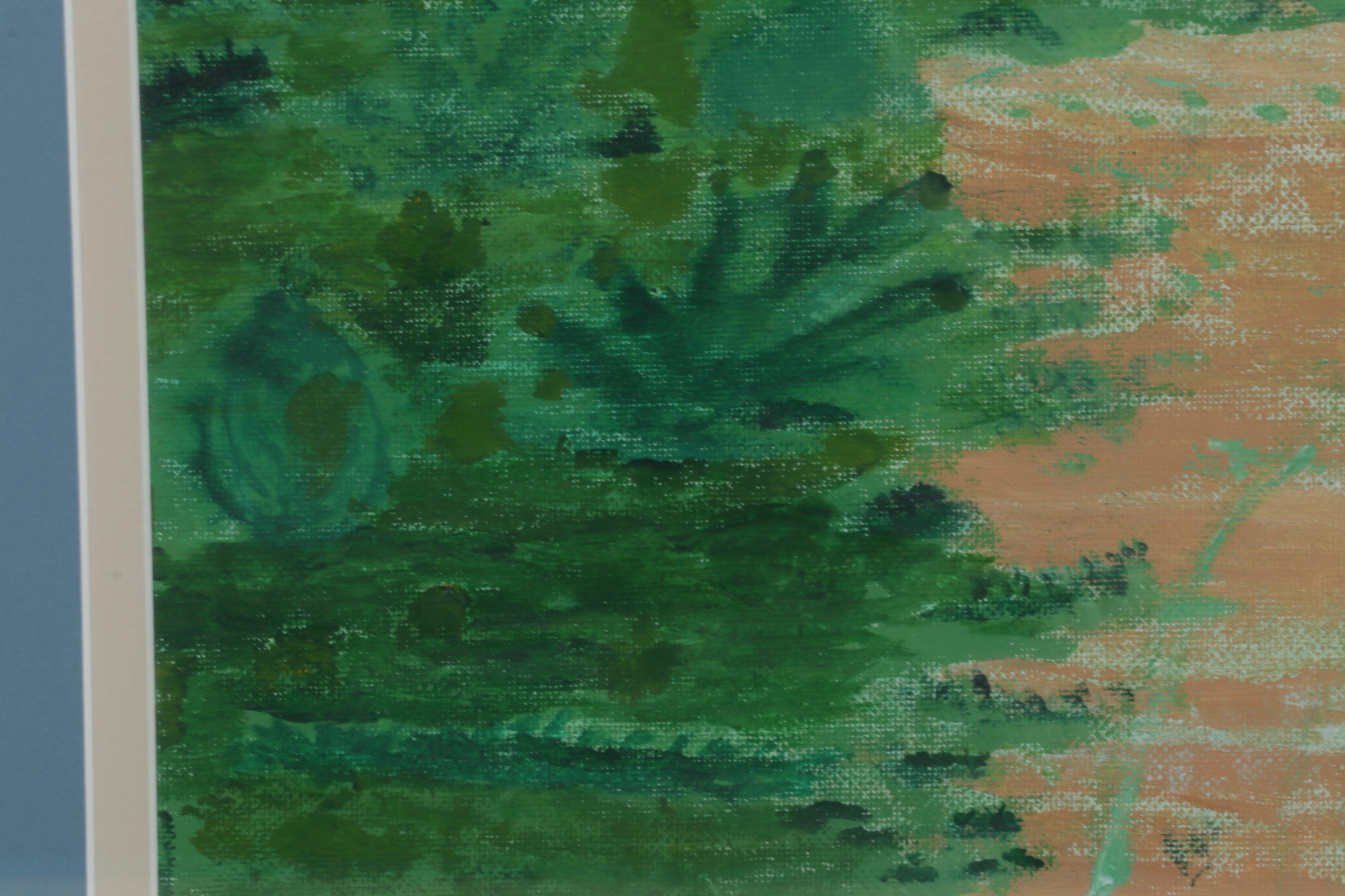 Folk Art Landscape Acrylic Painting of Walking Trail and Distant Mountains