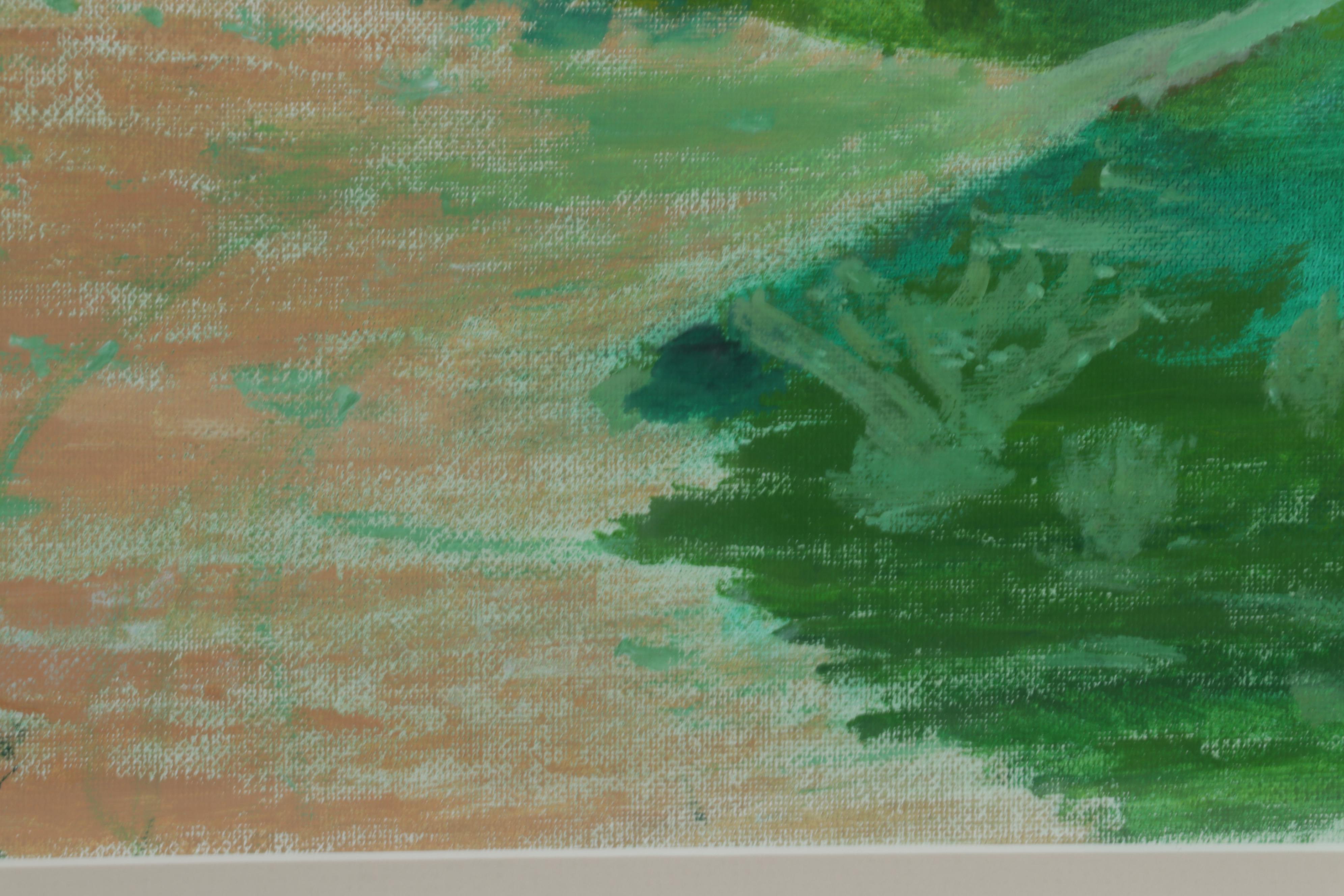 Folk Art Landscape Acrylic Painting of Walking Trail and Distant Mountains