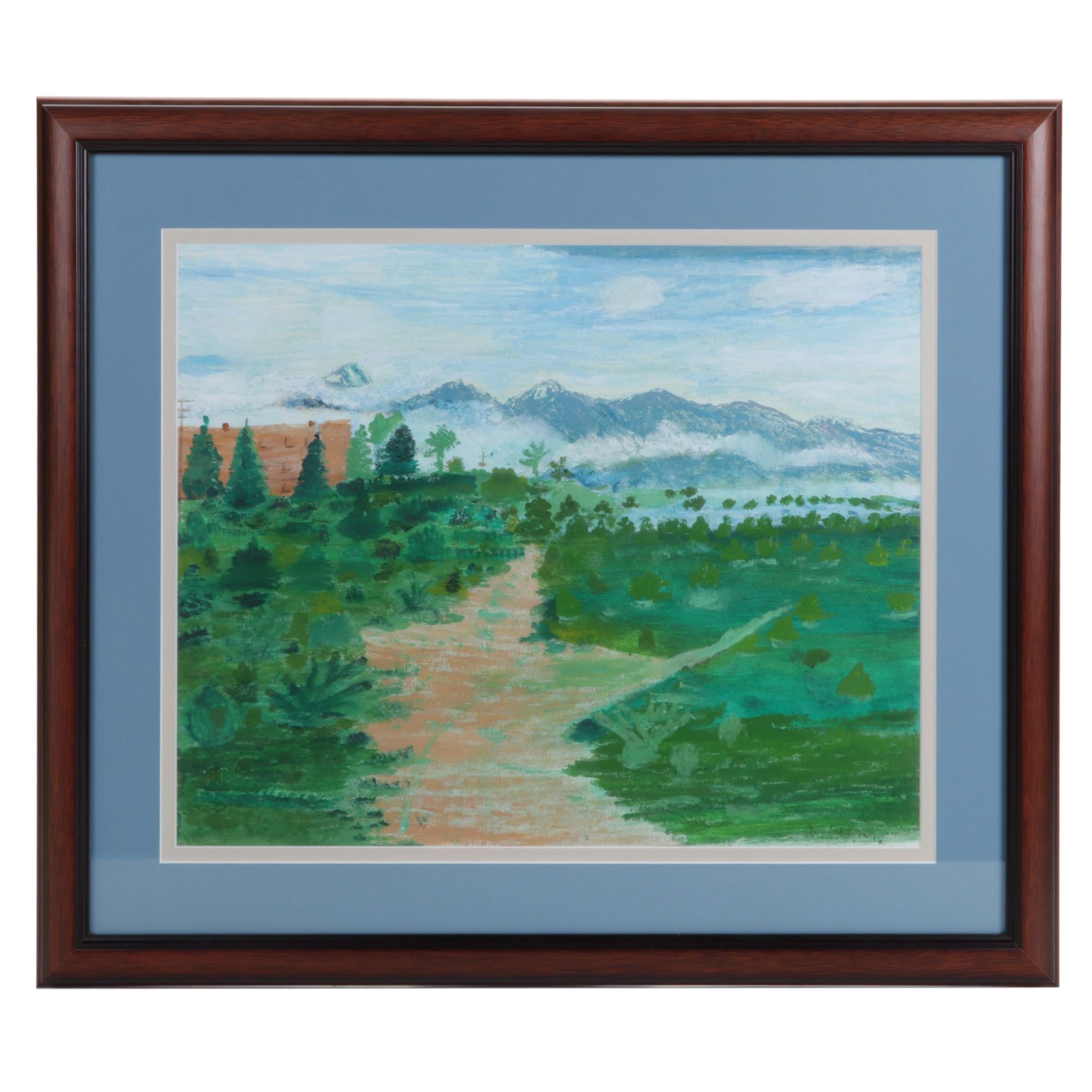 Folk Art Landscape Acrylic Painting of Walking Trail and Distant Mountains