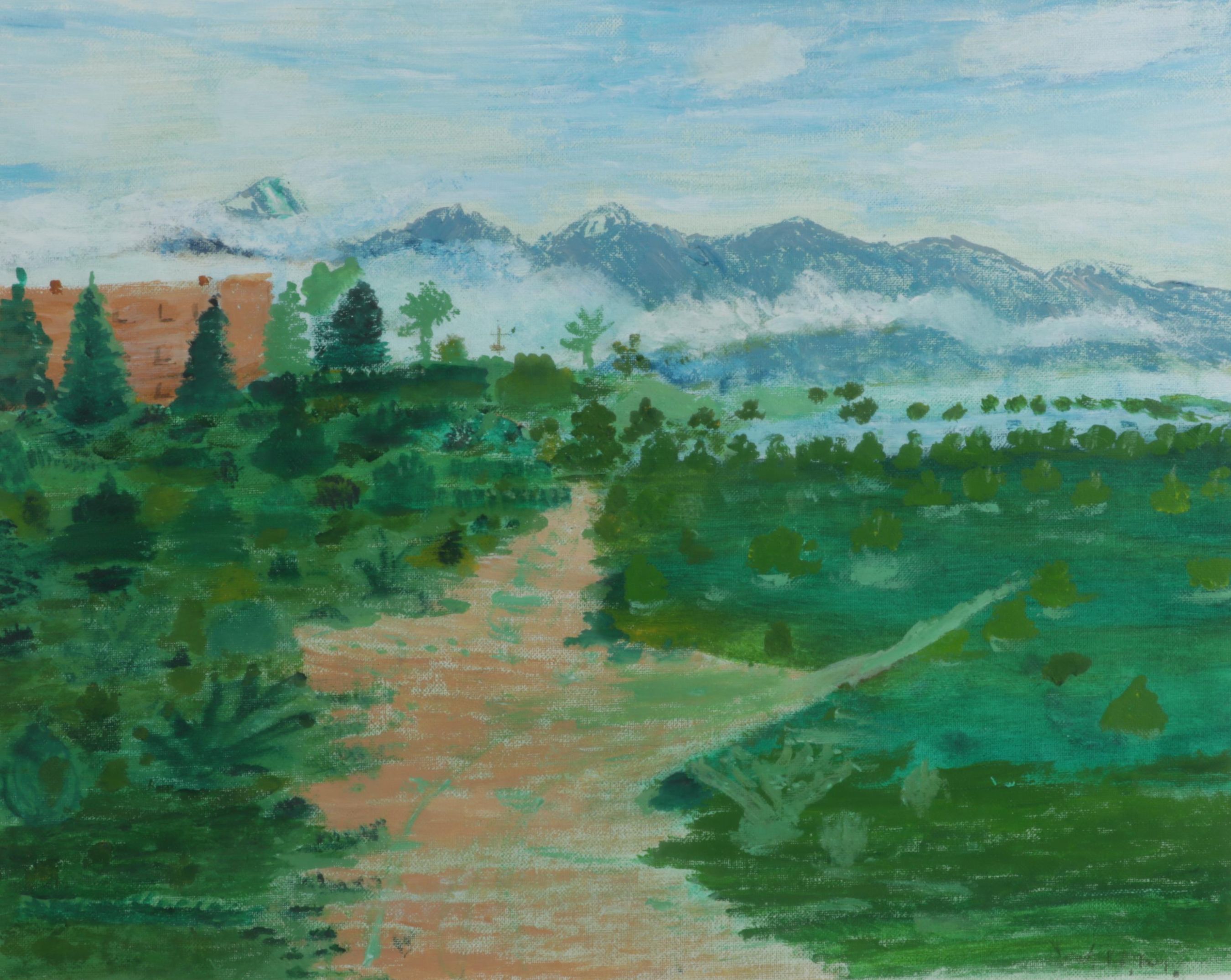 Folk Art Landscape Acrylic Painting of Walking Trail and Distant Mountains
