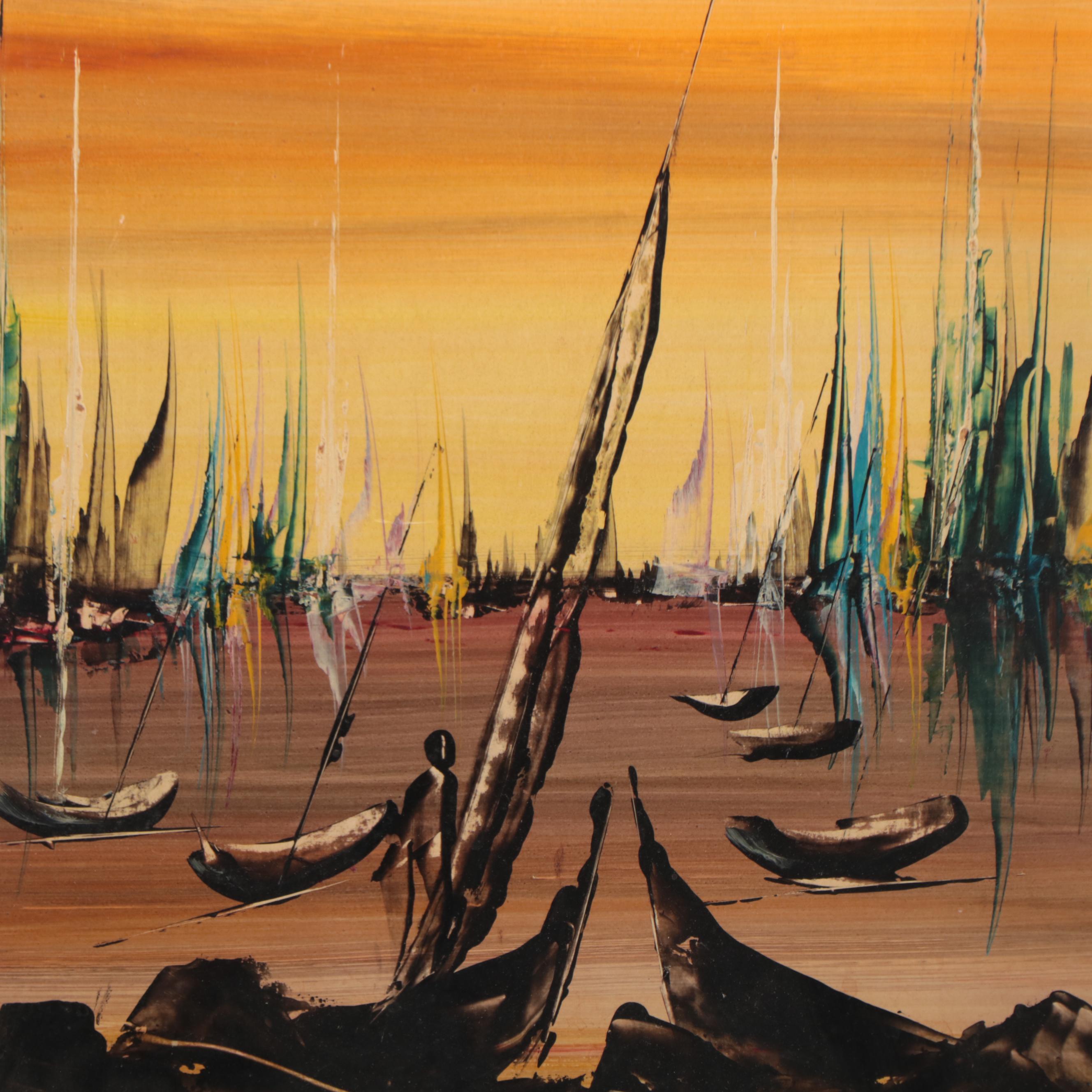 Abstract Oil Painting of Ships at Sea
