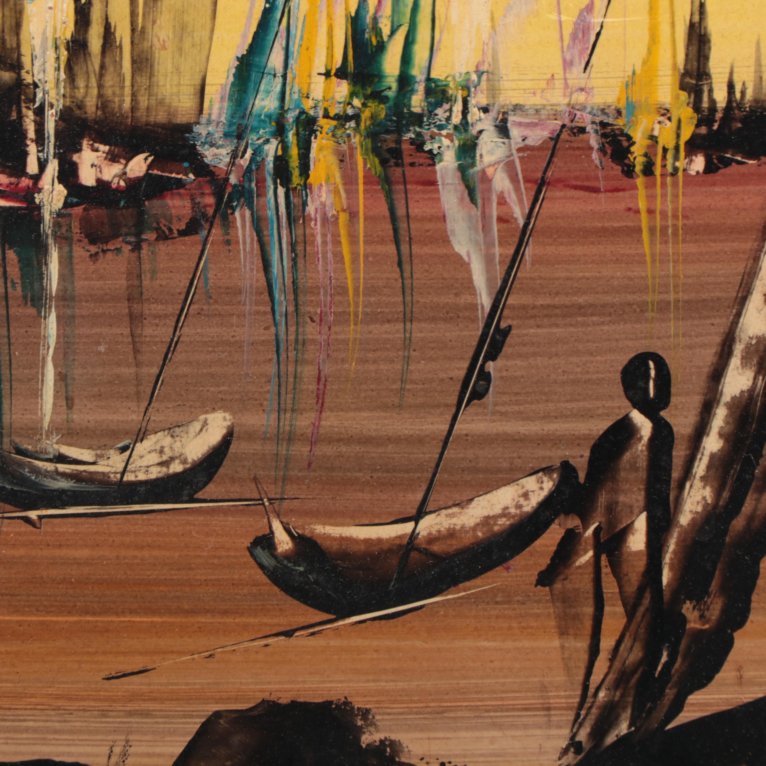 Abstract Oil Painting of Ships at Sea