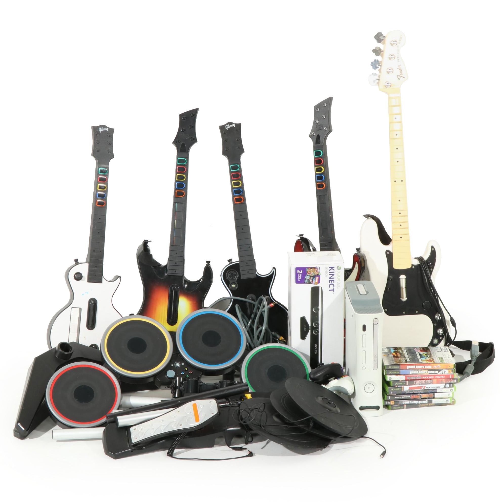 X-Box 360 Console With Kinect Sensor With Guitar Hero & Rock Band Accessories