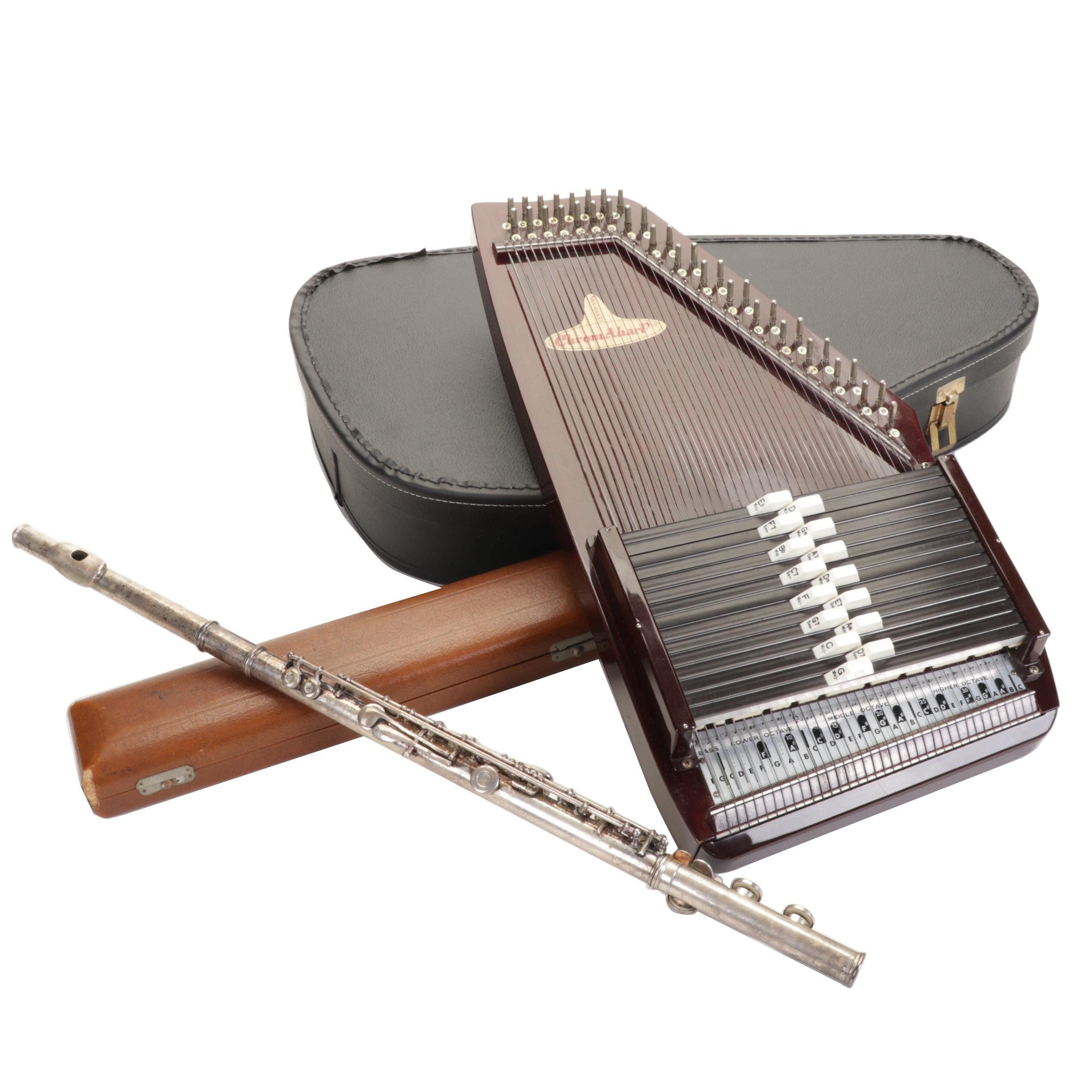W.T. Armstrong Flute and 36-String Sekova Chromaharp Autoharp With Cases