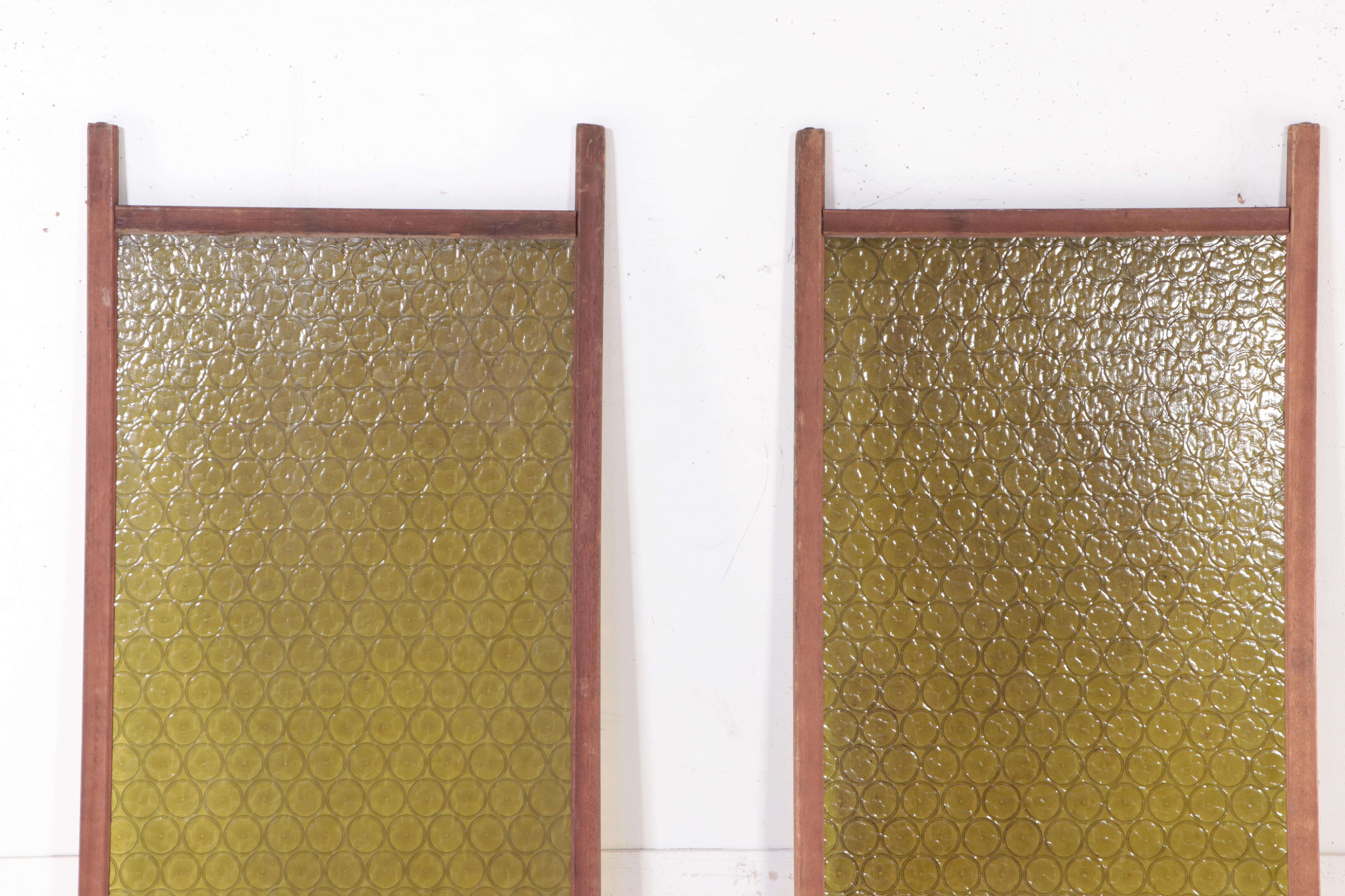 Stamped Olive Green Acrylic and Wood Framed Room Divider Panels, Circa 1970