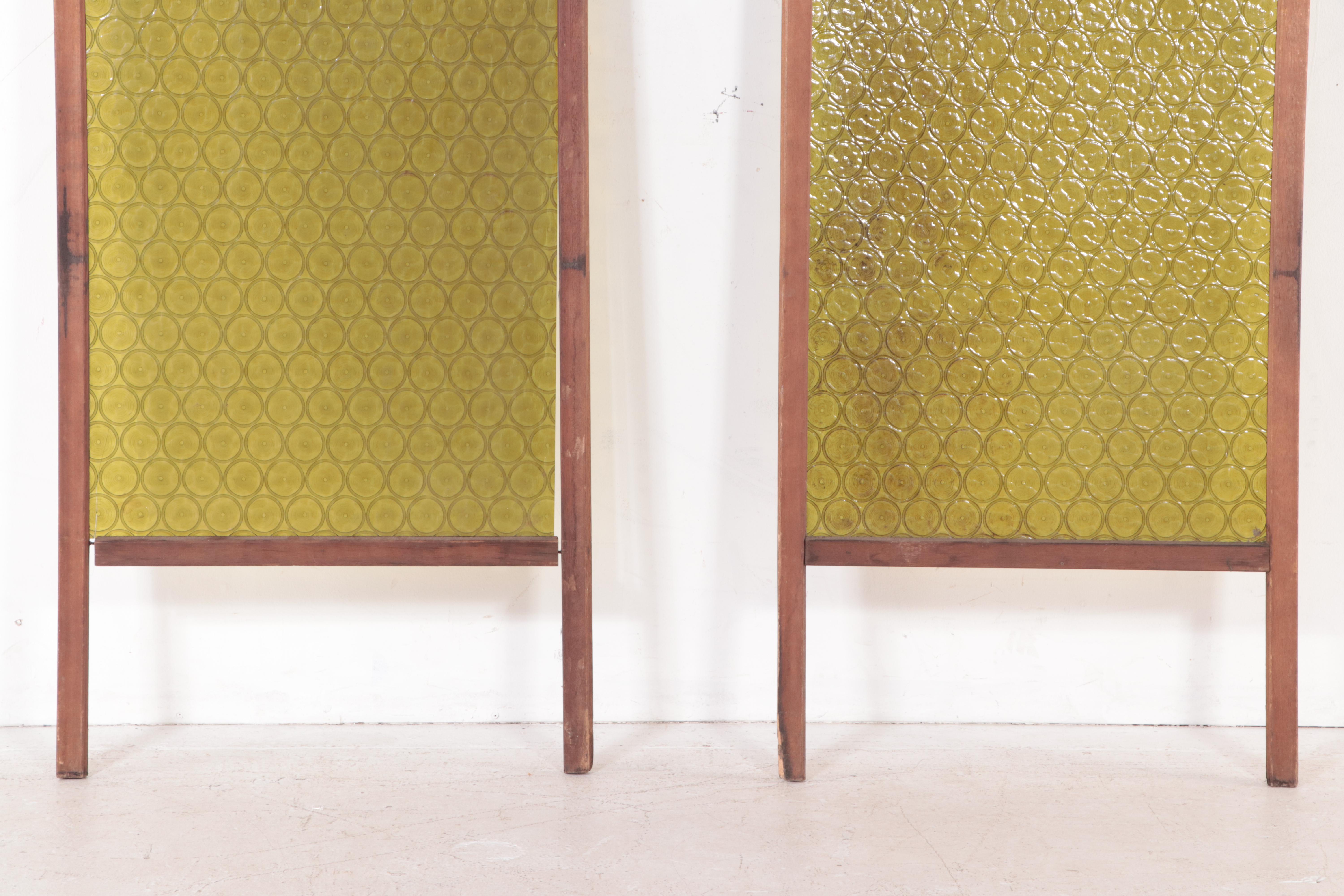 Stamped Olive Green Acrylic and Wood Framed Room Divider Panels, Circa 1970