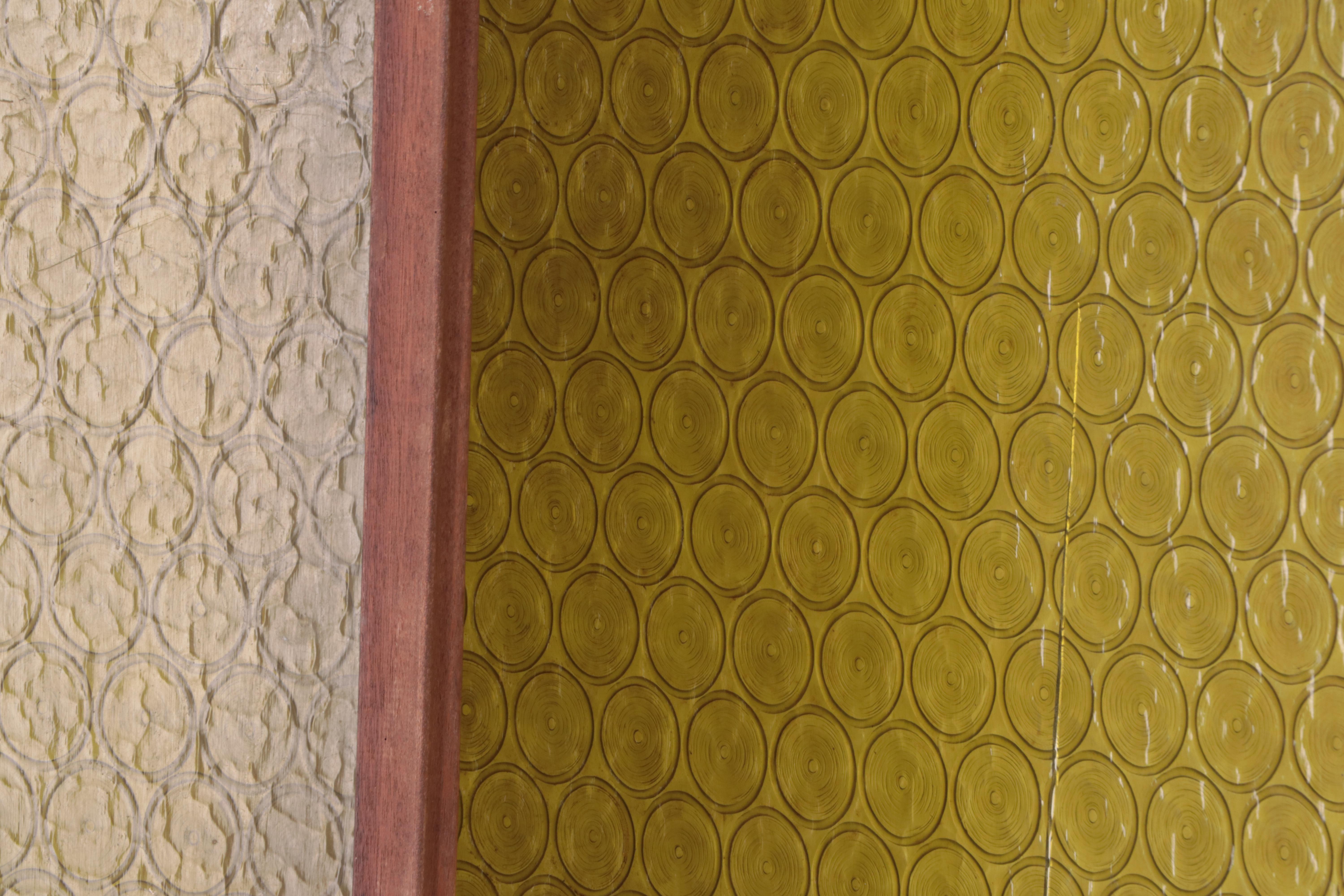 Stamped Olive Green Acrylic and Wood Framed Room Divider Panels, Circa 1970