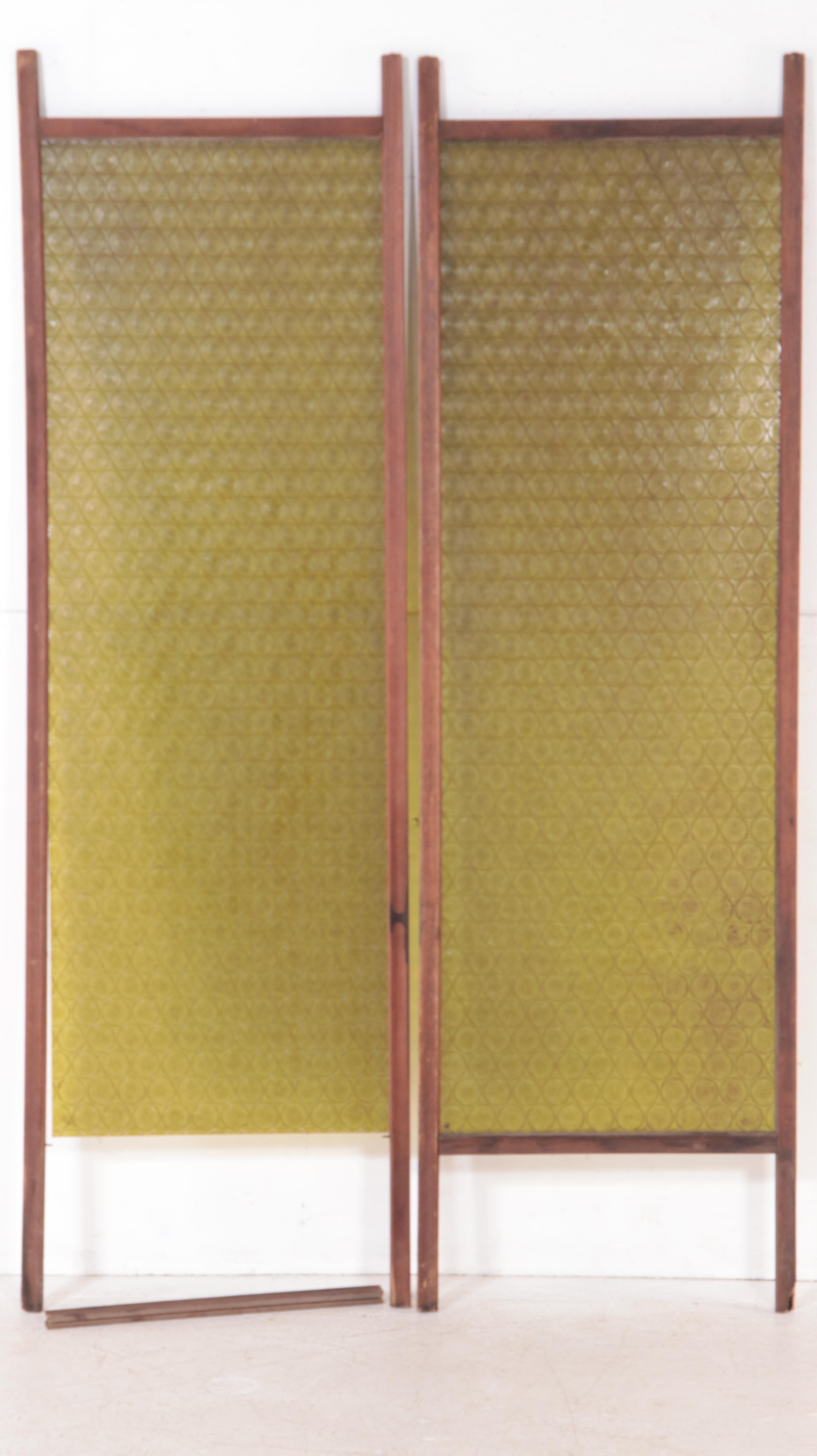 Stamped Olive Green Acrylic and Wood Framed Room Divider Panels, Circa 1970