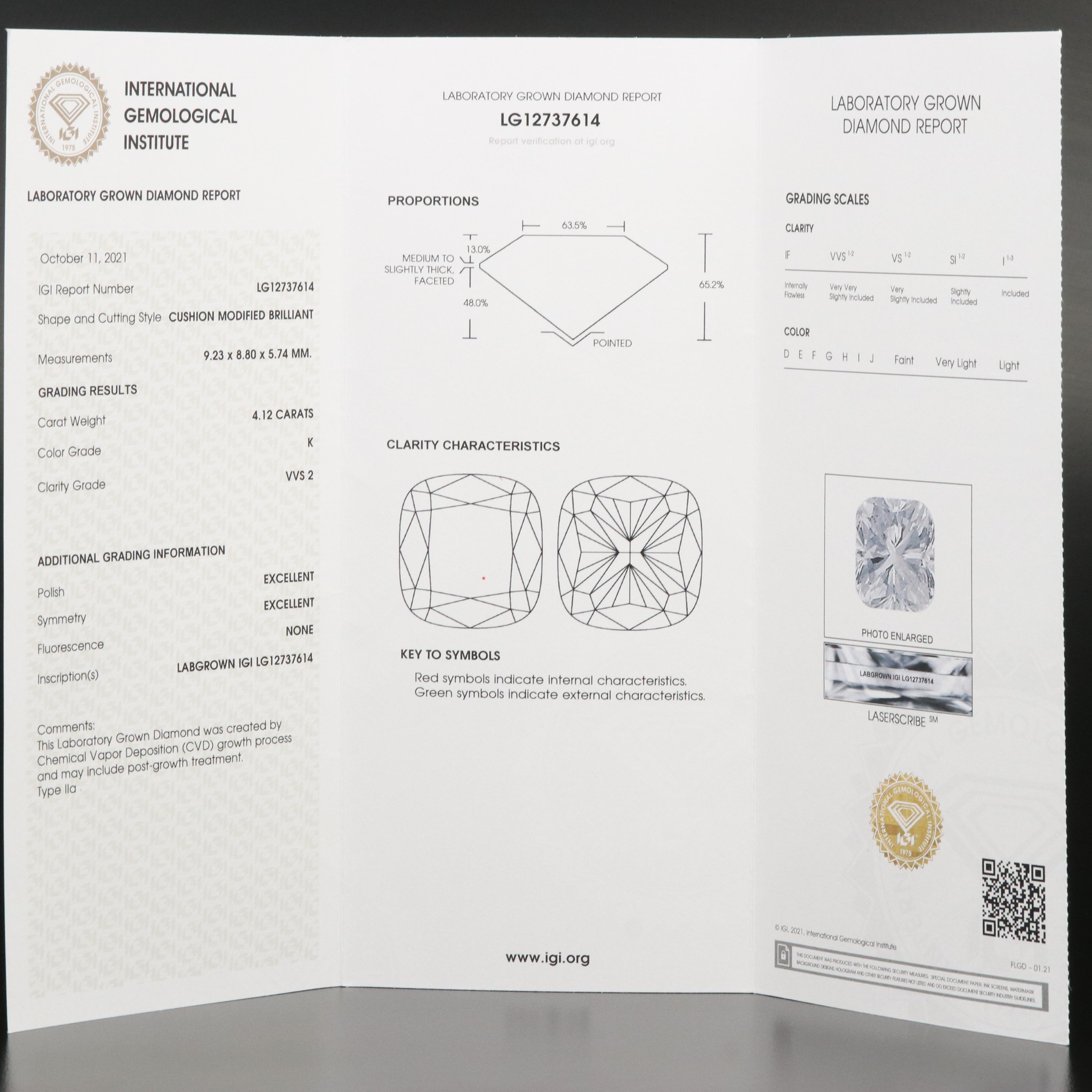 Loose 4.12 CT Lab Grown Diamond with IGI Report
