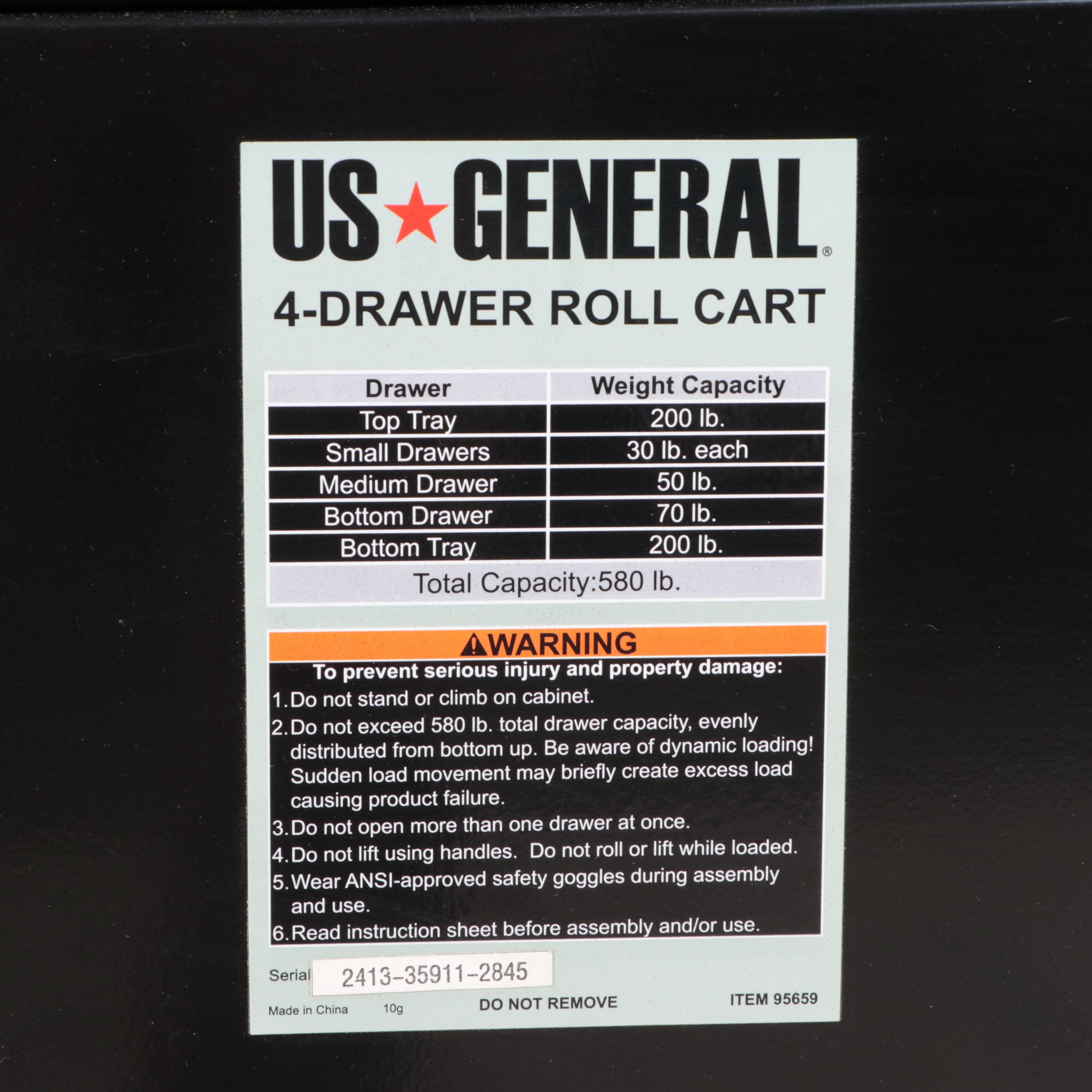 US General Powder-Coated Steel Four-Drawer Cart with Tools