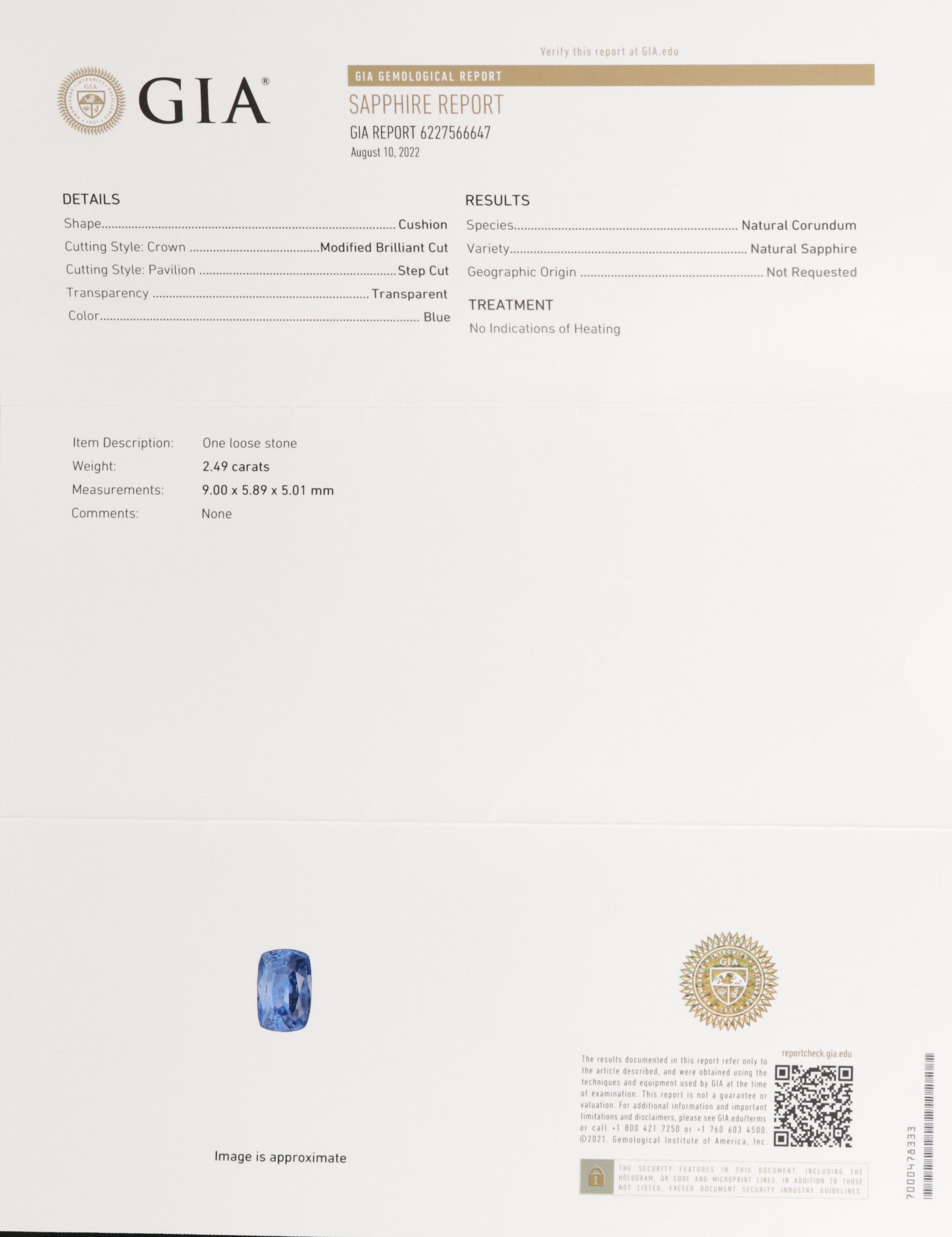 Vintage 18K Unheated 2.49 CT Sapphire and 1.42 CTW Diamond Ring with GIA Report