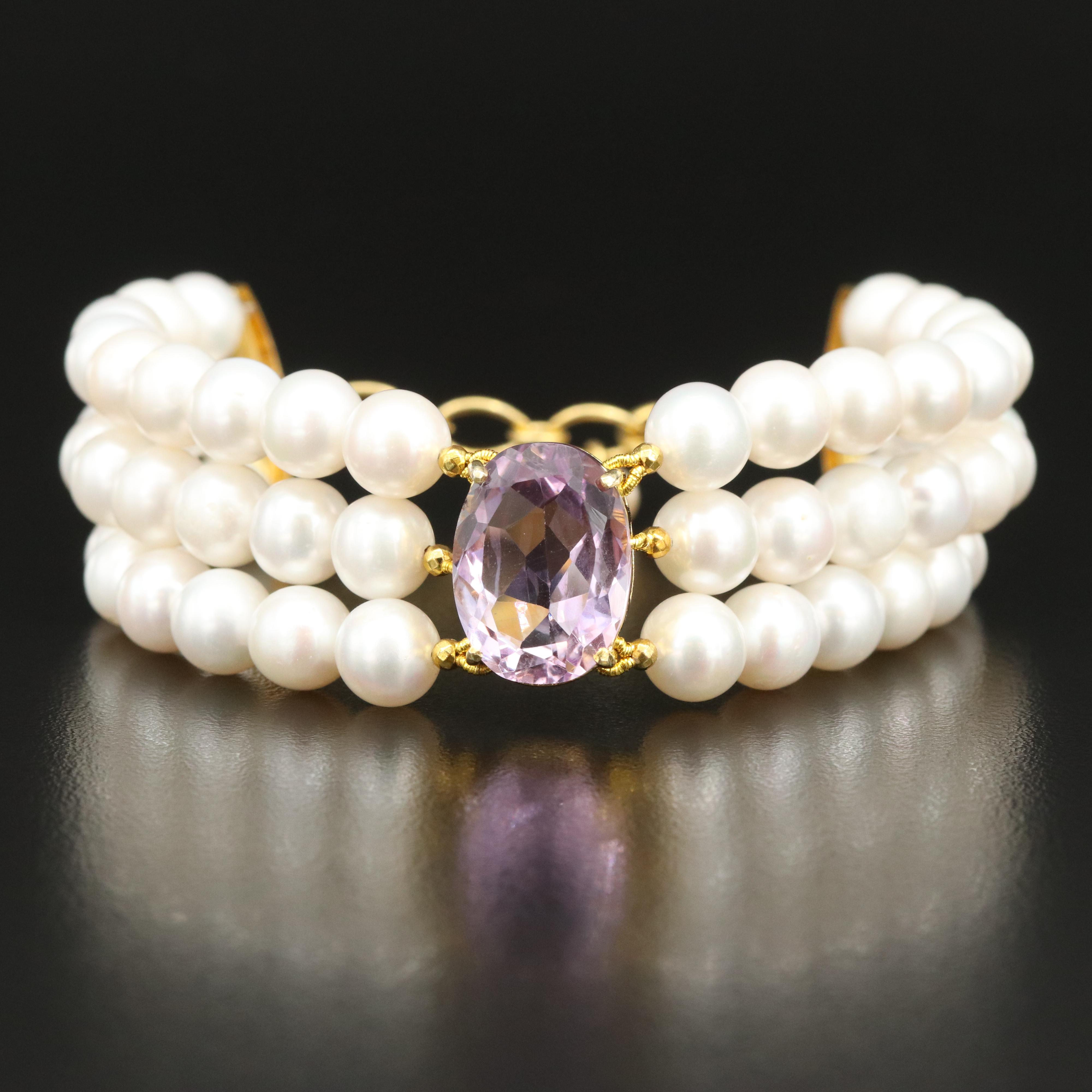 Triple Strand Pearl Bracelet in Sterling with Amethyst Pendant