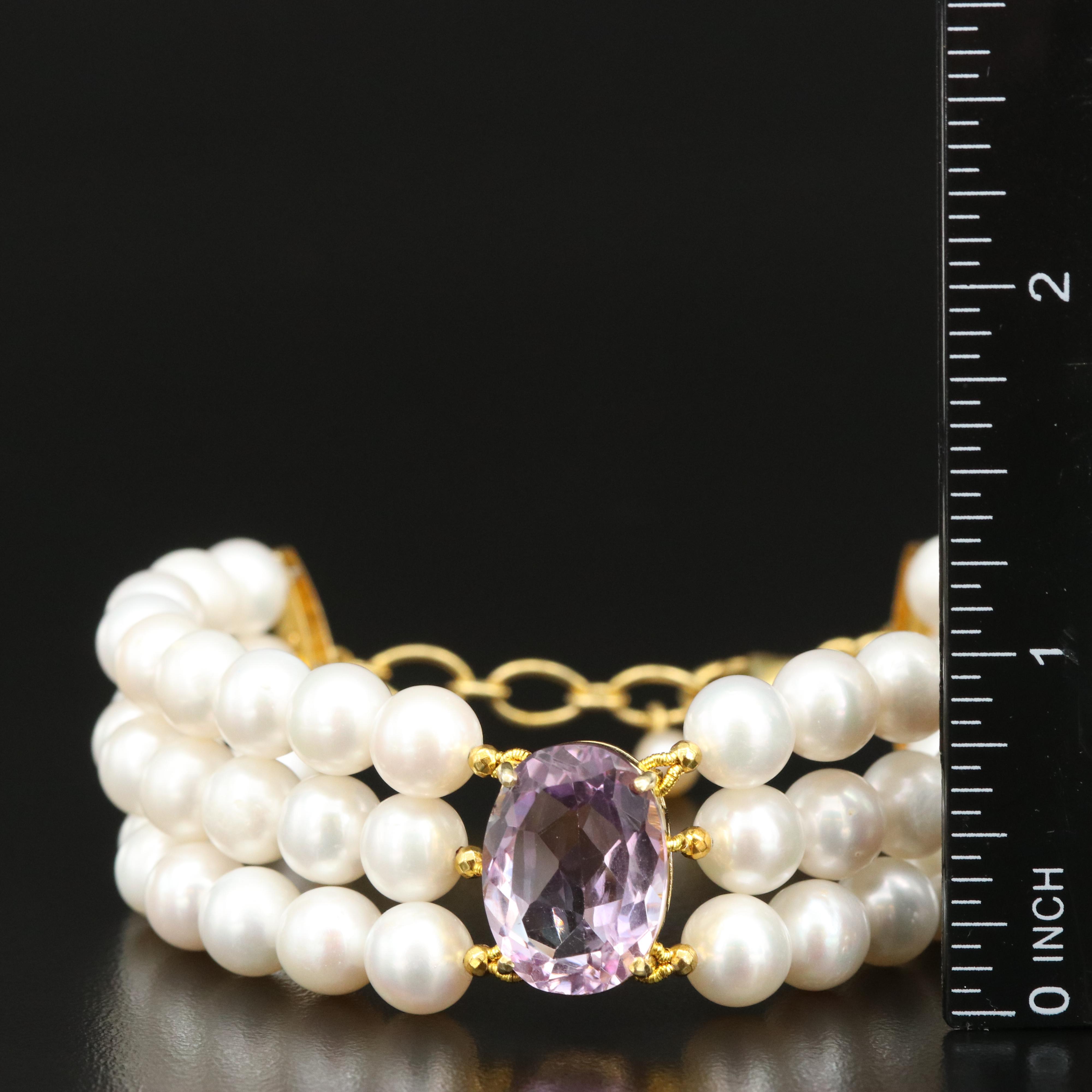 Triple Strand Pearl Bracelet in Sterling with Amethyst Pendant