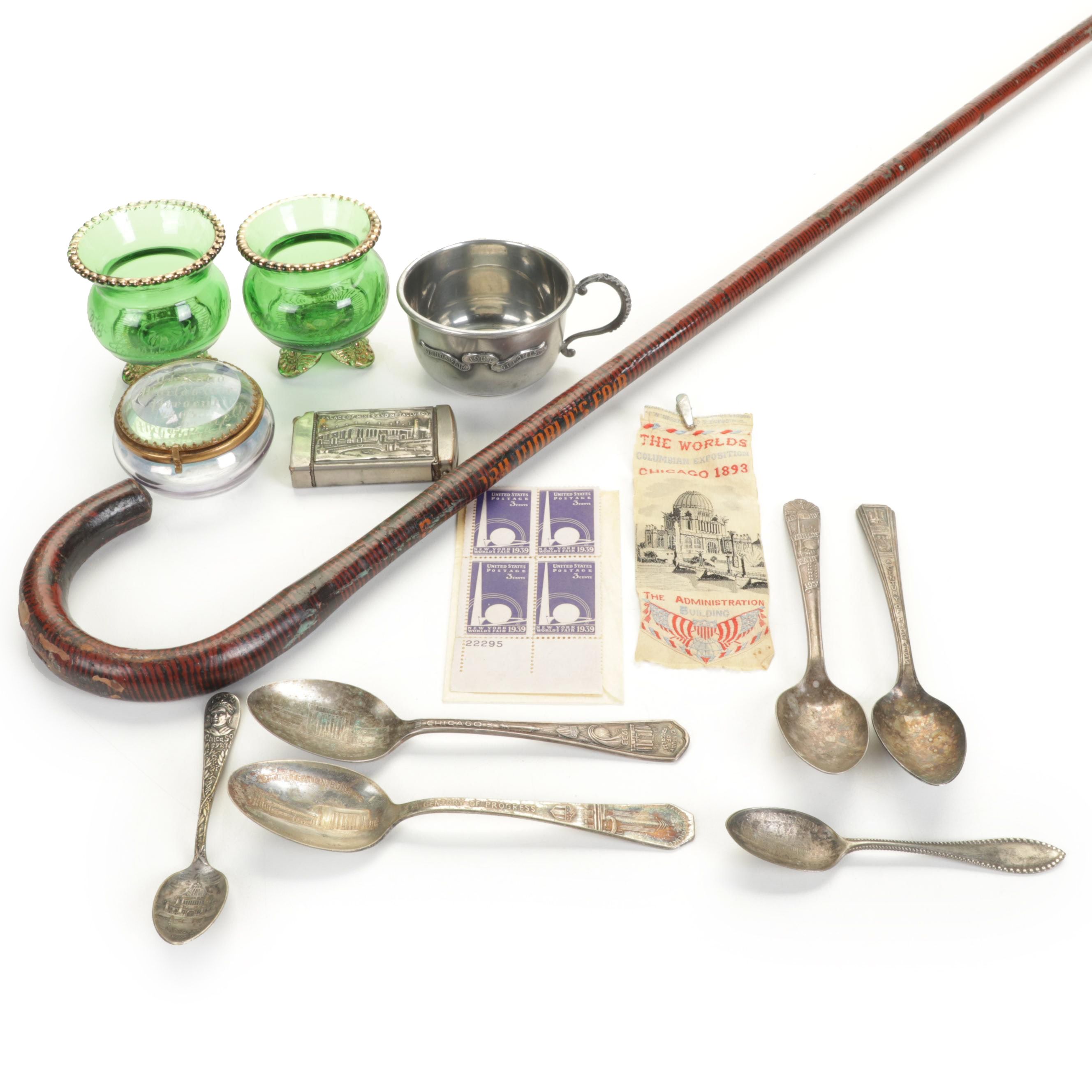 Chicago, New York and St Louis World's Fair Souvenirs Featuring Wooden Cane
