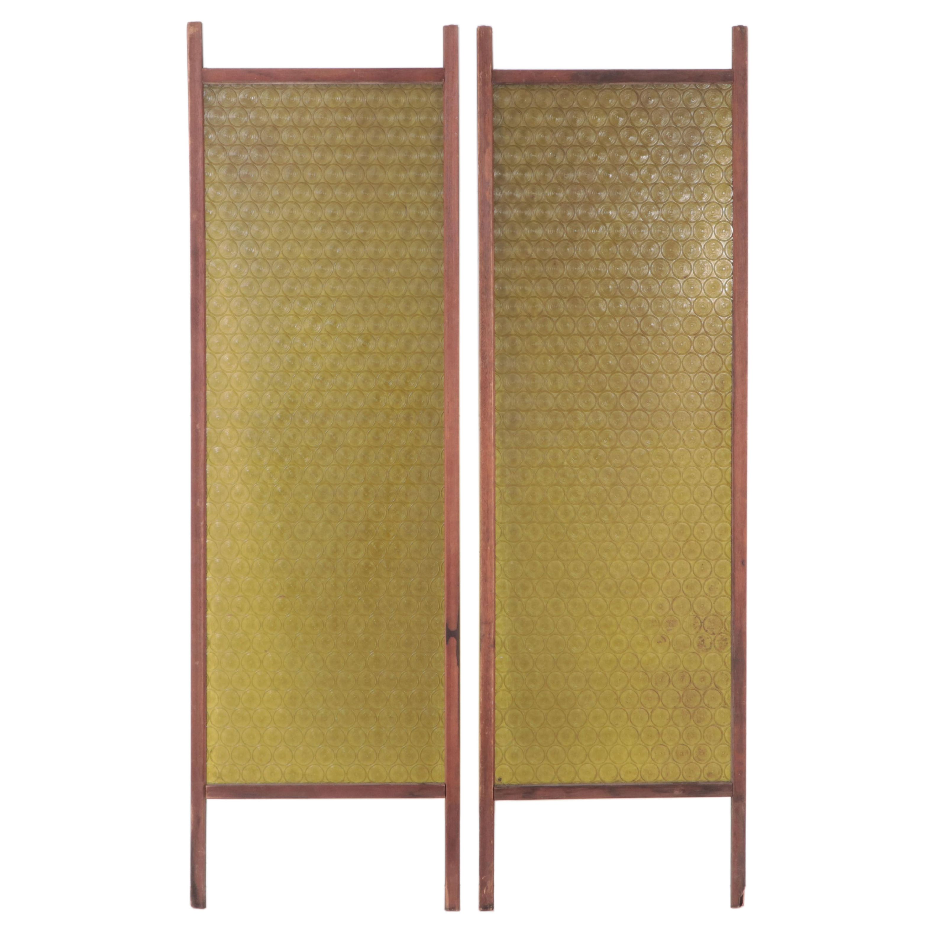 Stamped Olive Green Acrylic and Wood Framed Room Divider Panels, Circa 1970