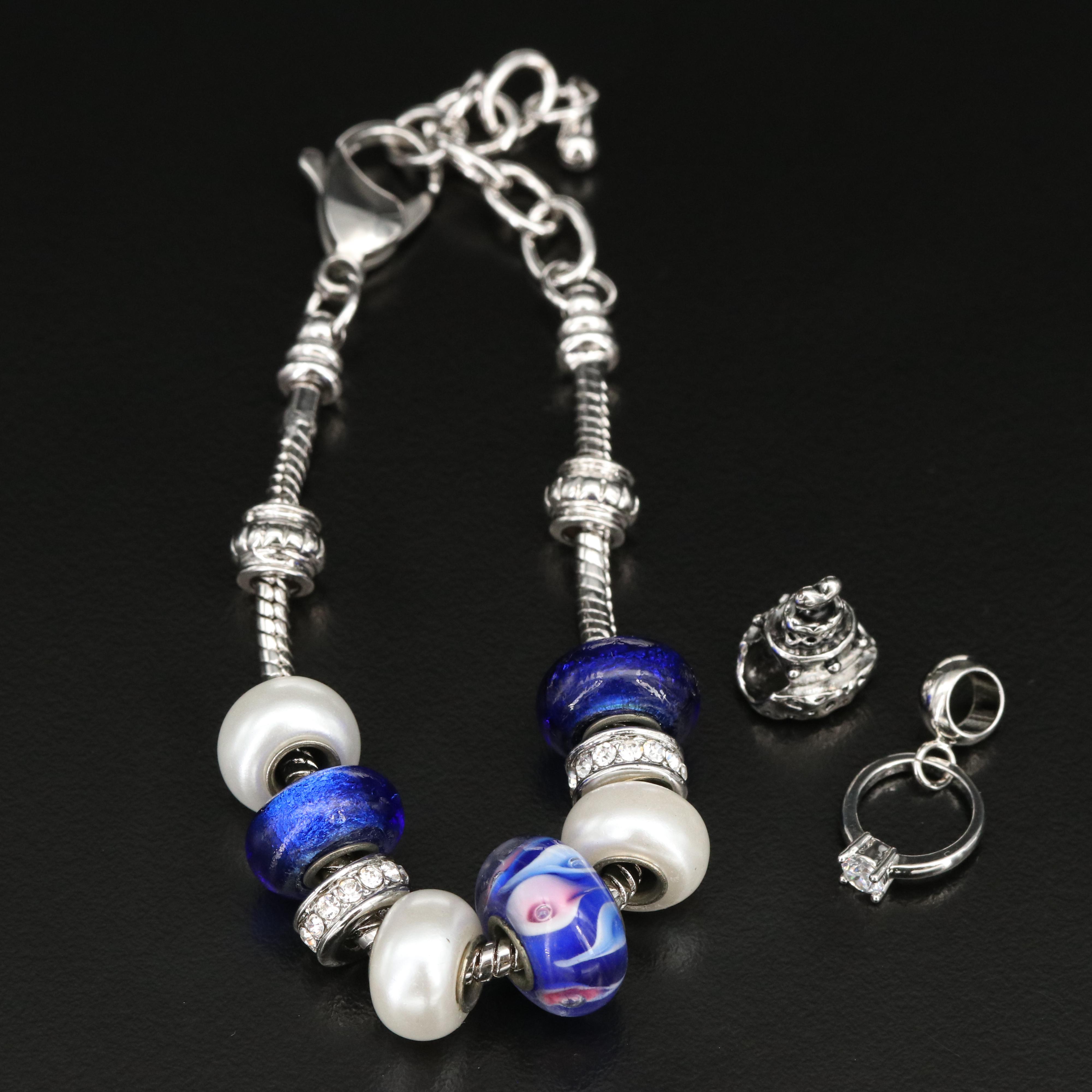 Bella Perlina Cubic Zirconia and Faux Pearl Charm Bracelet and Charms