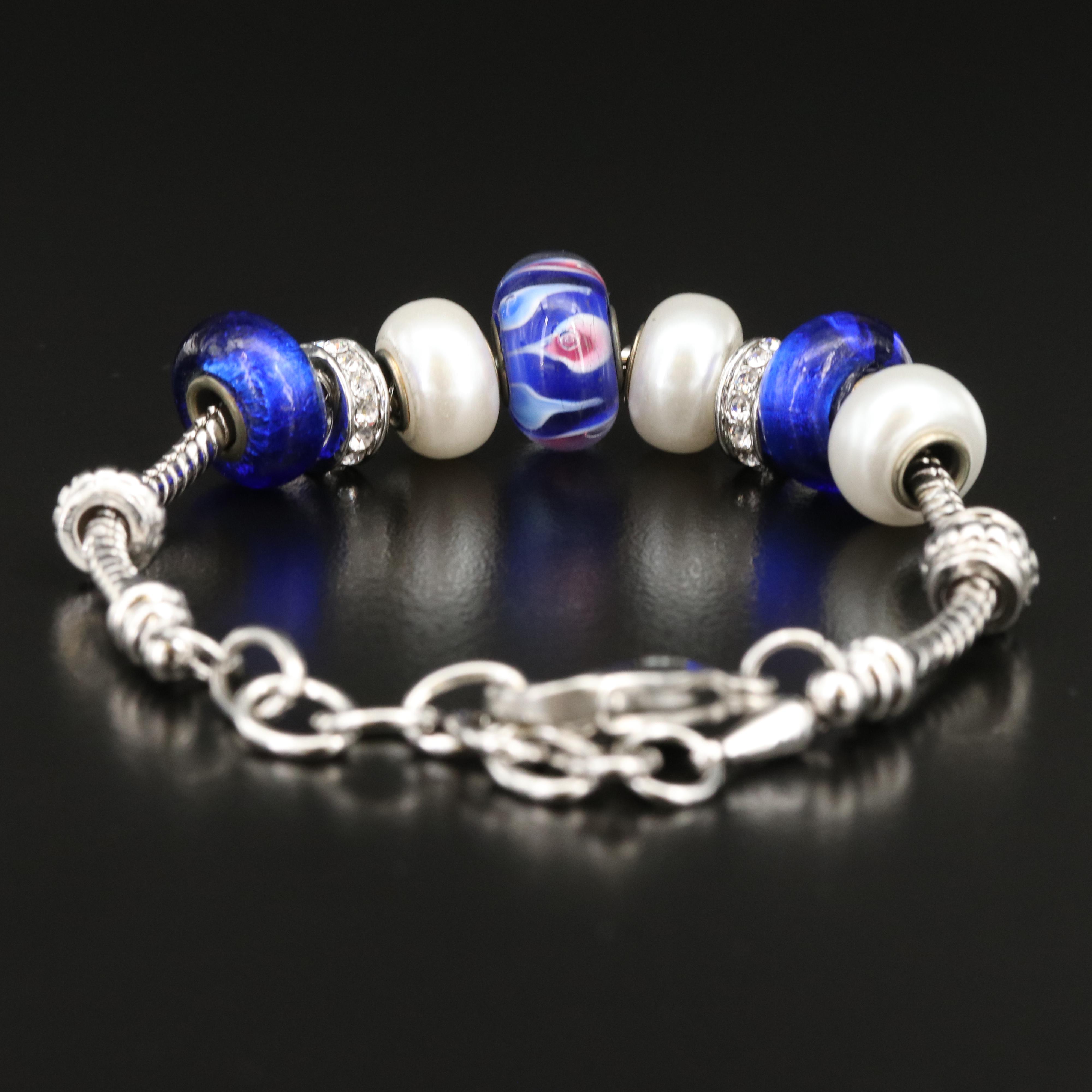 Bella Perlina Cubic Zirconia and Faux Pearl Charm Bracelet and Charms