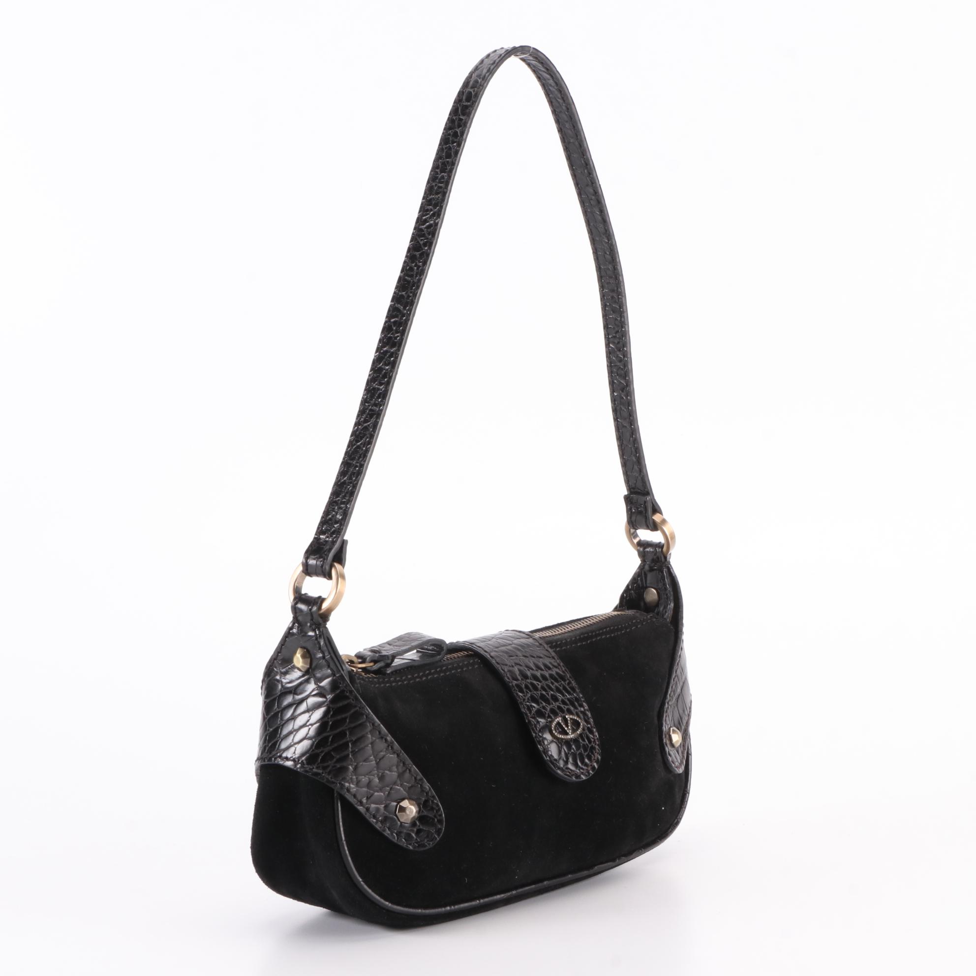 Valentino Small Shoulder Bag in Suede and Embossed Leather Trim