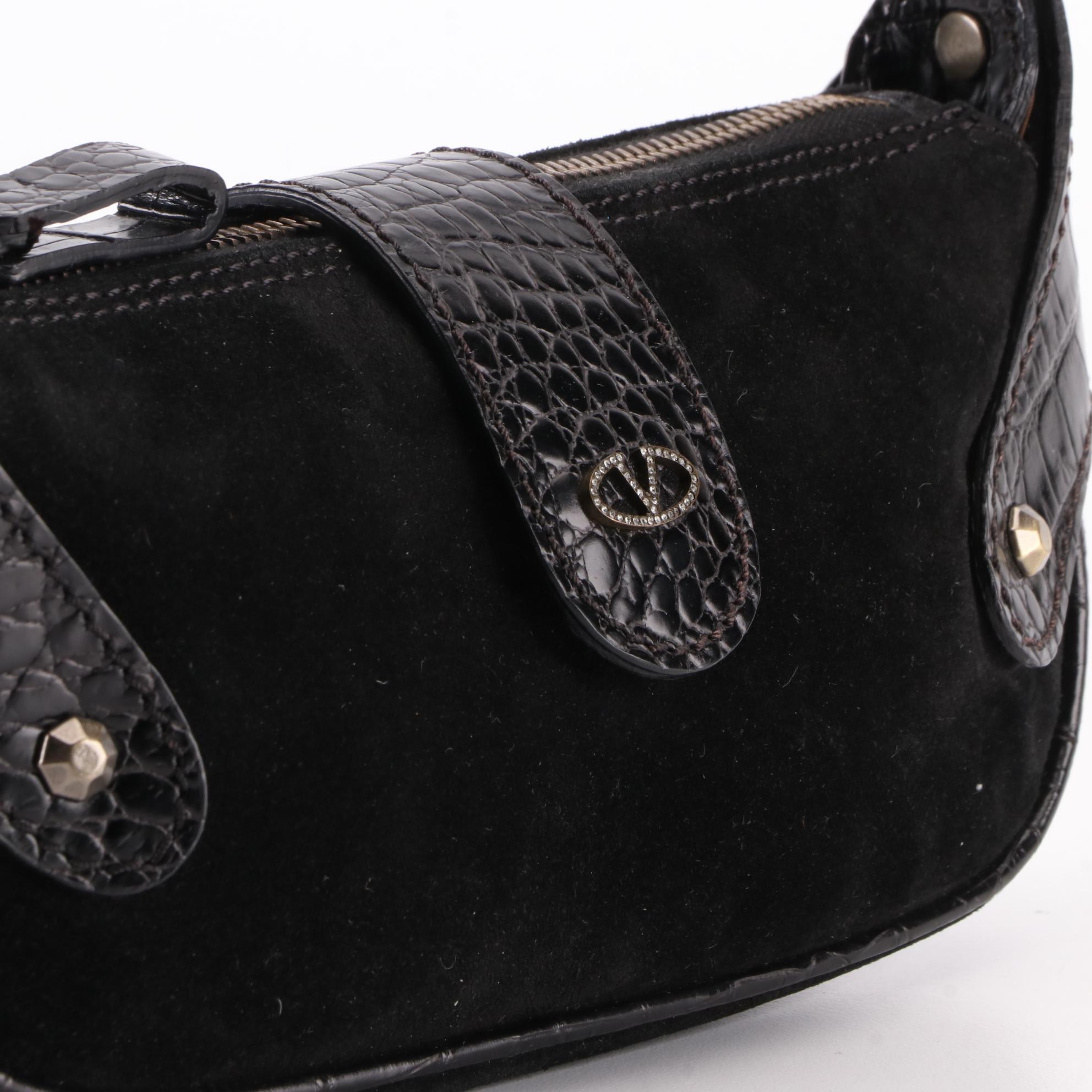 Valentino Small Shoulder Bag in Suede and Embossed Leather Trim