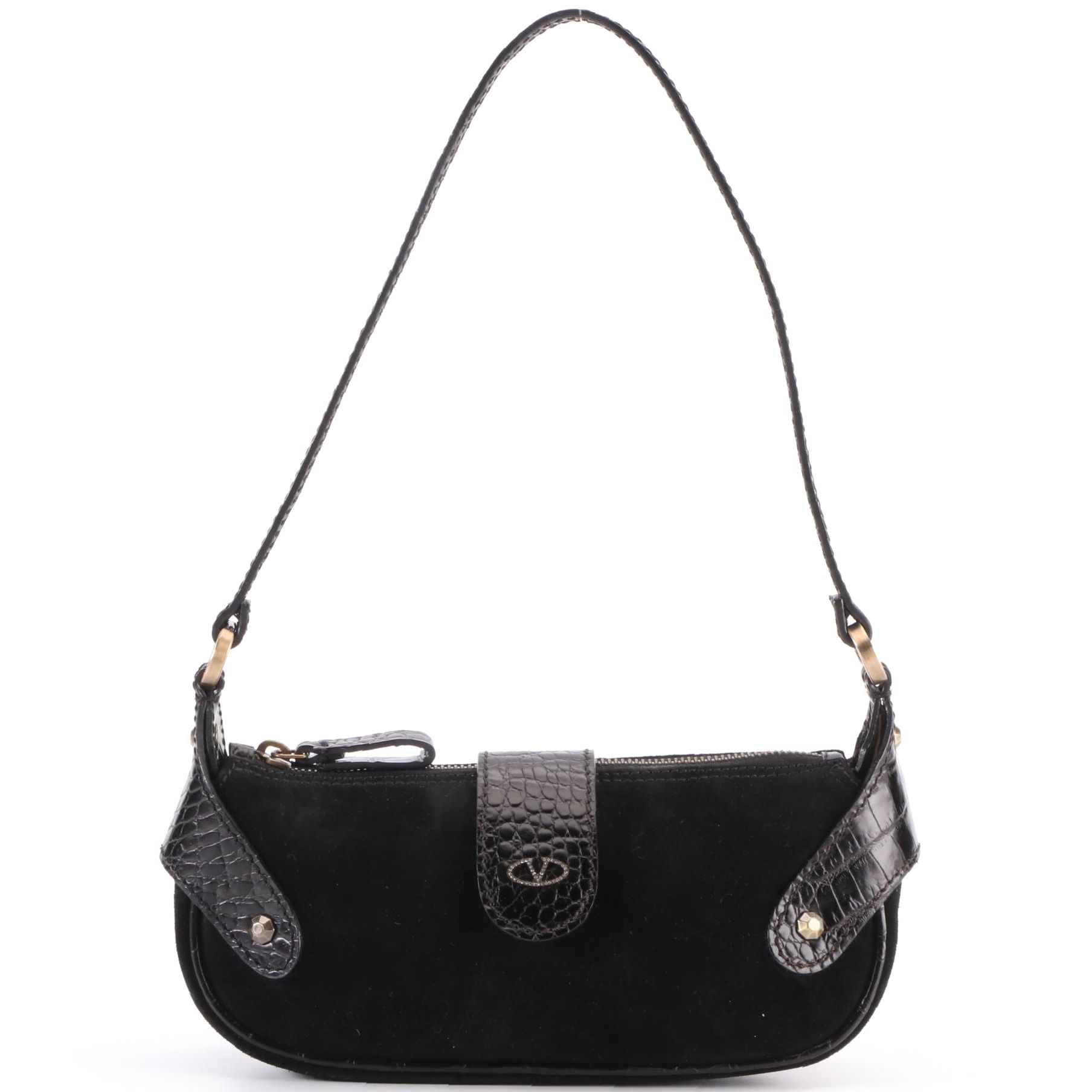 Valentino Small Shoulder Bag in Suede and Embossed Leather Trim