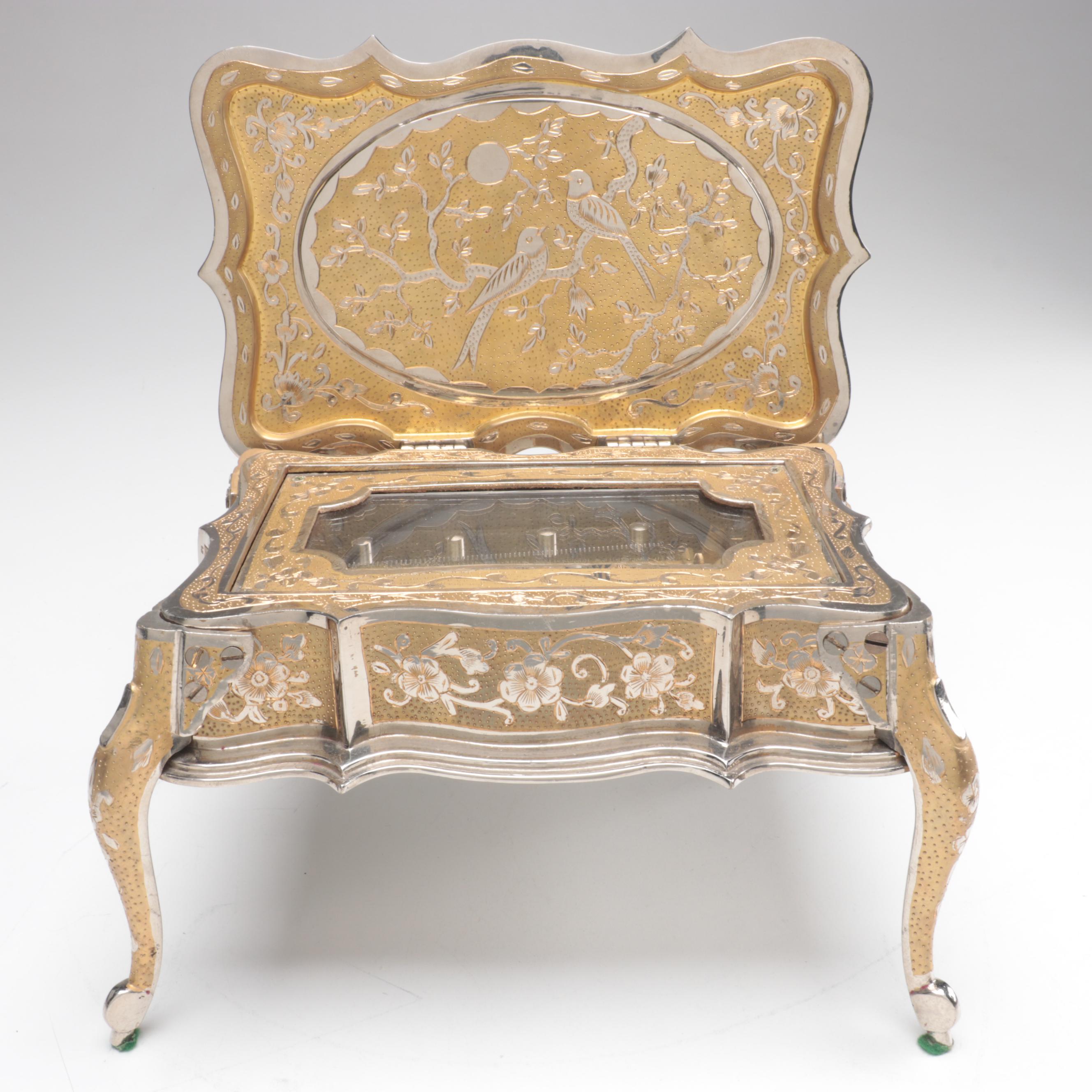 Fred Zimbalist Chased and Engraved Bird Motif Metal Thorens Swiss Music Box