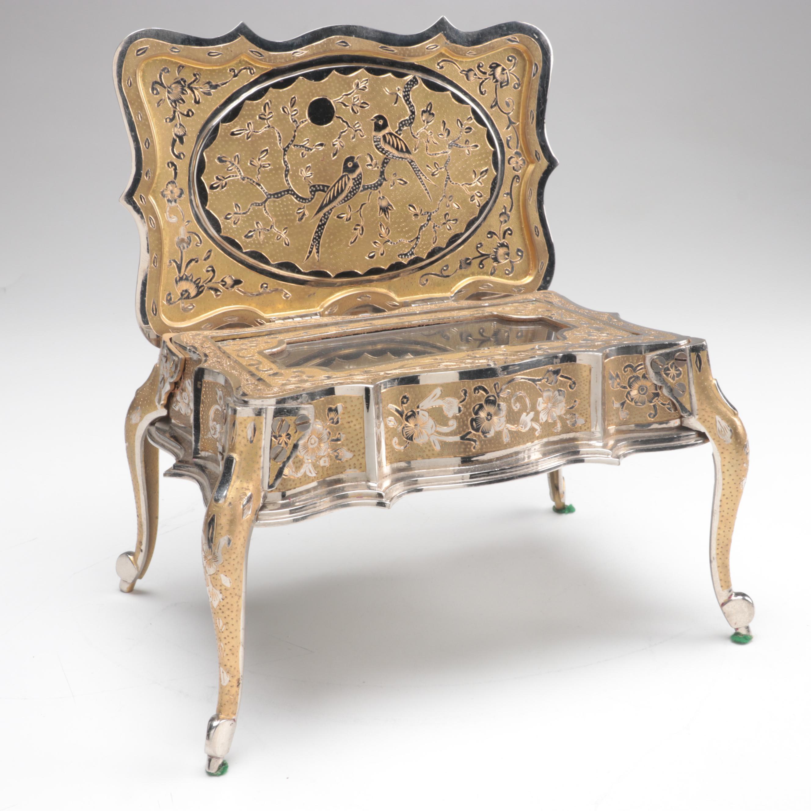 Fred Zimbalist Chased and Engraved Bird Motif Metal Thorens Swiss Music Box