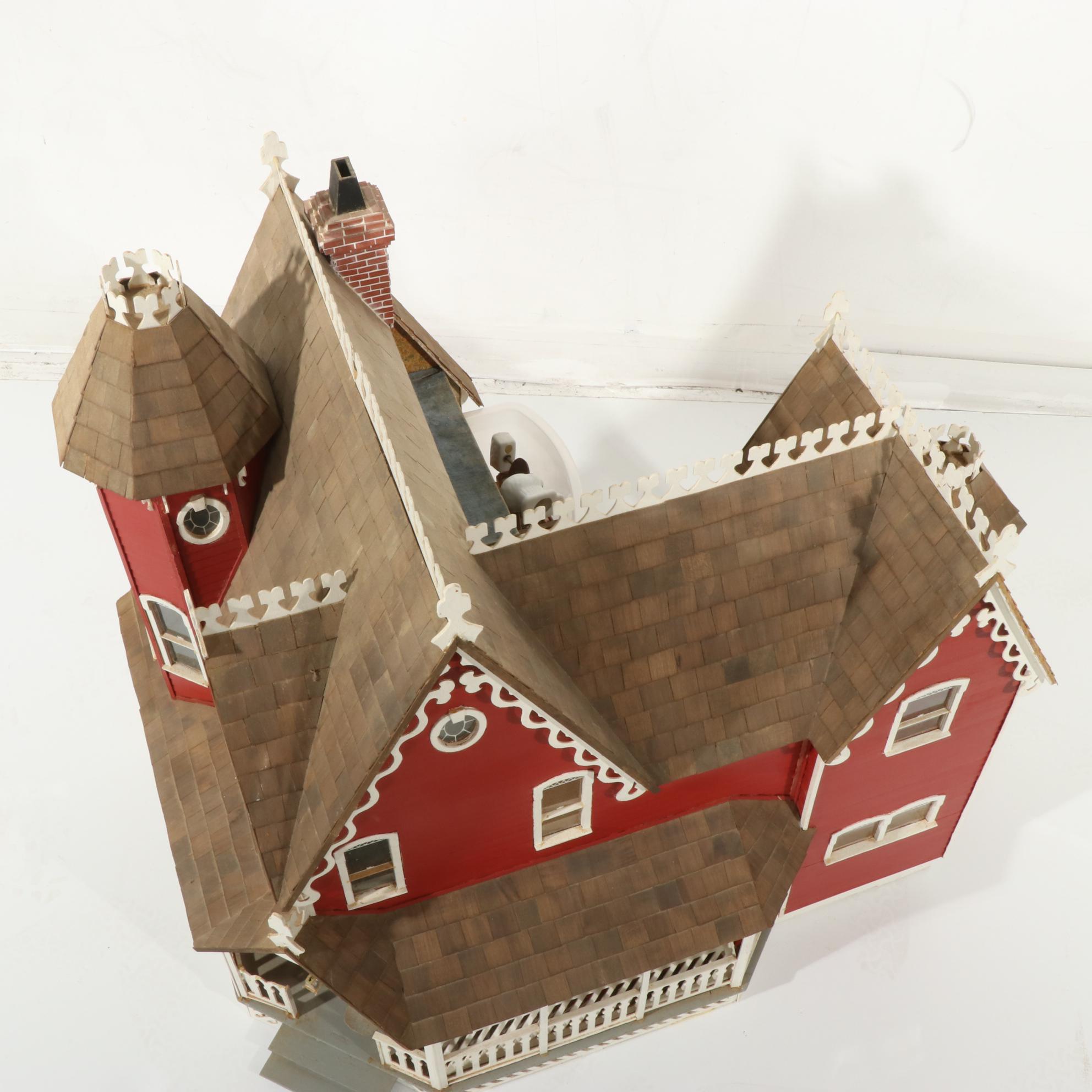 Handcrafted Wooden Doll House With Accessories, 20th Century