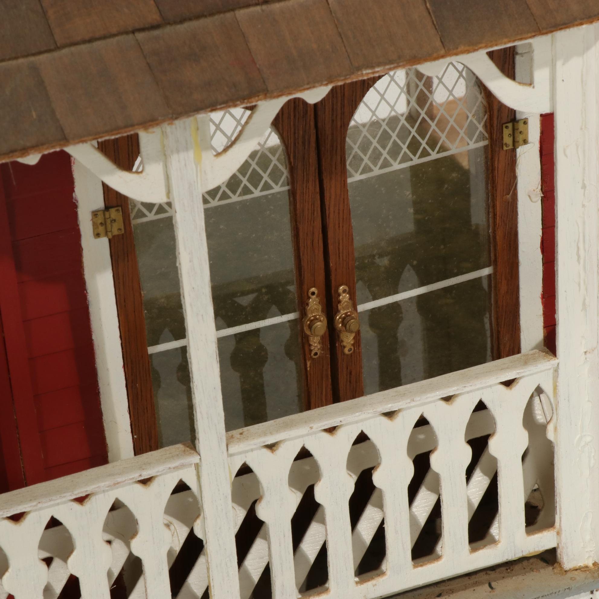 Handcrafted Wooden Doll House With Accessories, 20th Century