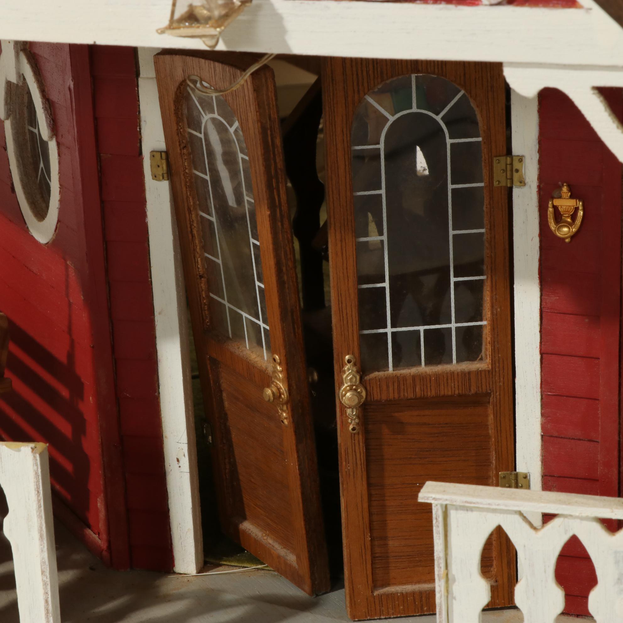 Handcrafted Wooden Doll House With Accessories, 20th Century