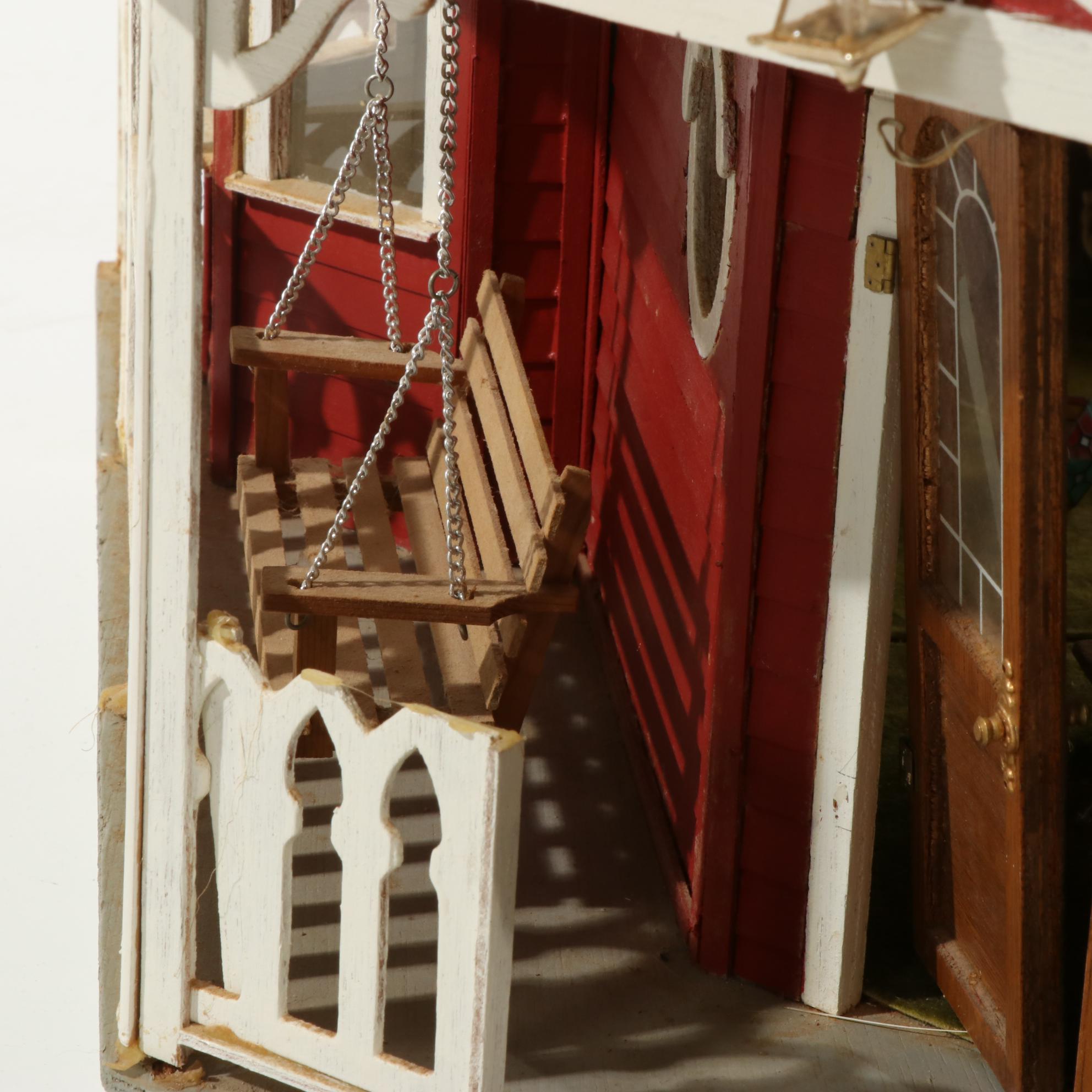 Handcrafted Wooden Doll House With Accessories, 20th Century
