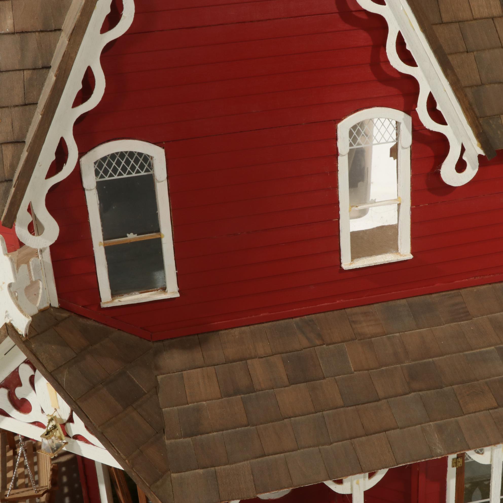 Handcrafted Wooden Doll House With Accessories, 20th Century