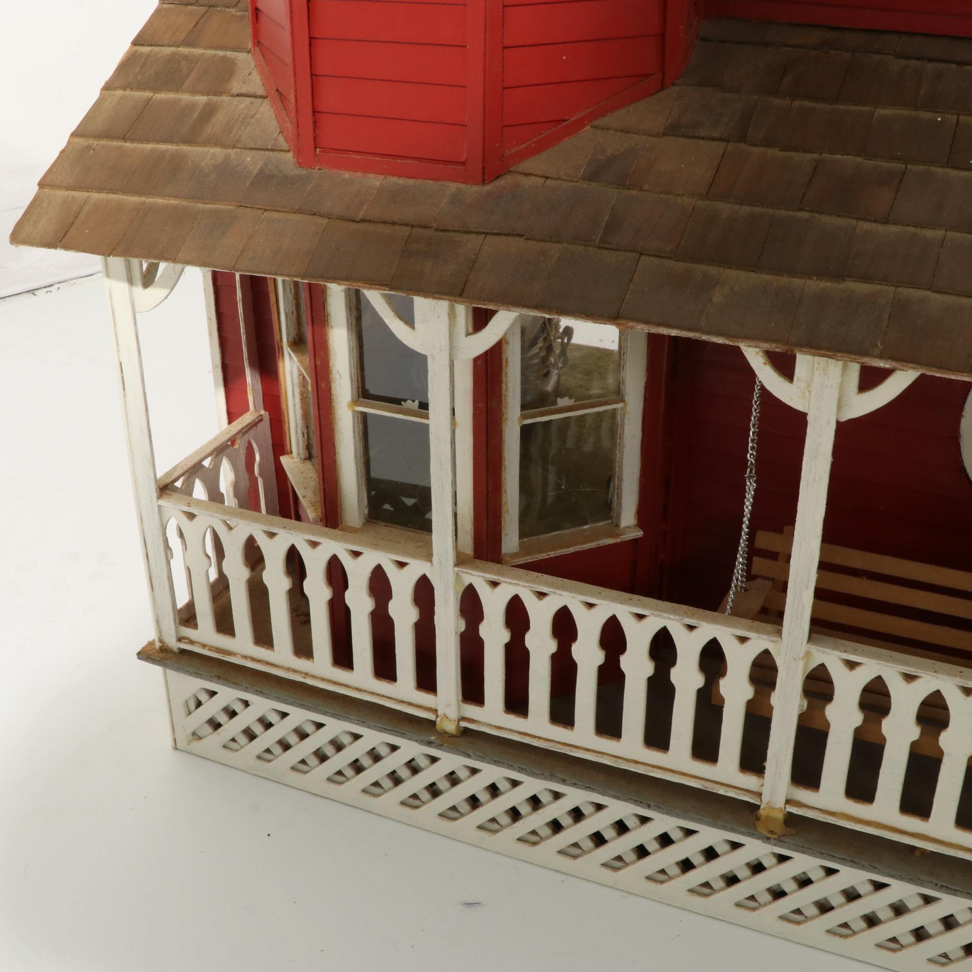 Handcrafted Wooden Doll House With Accessories, 20th Century