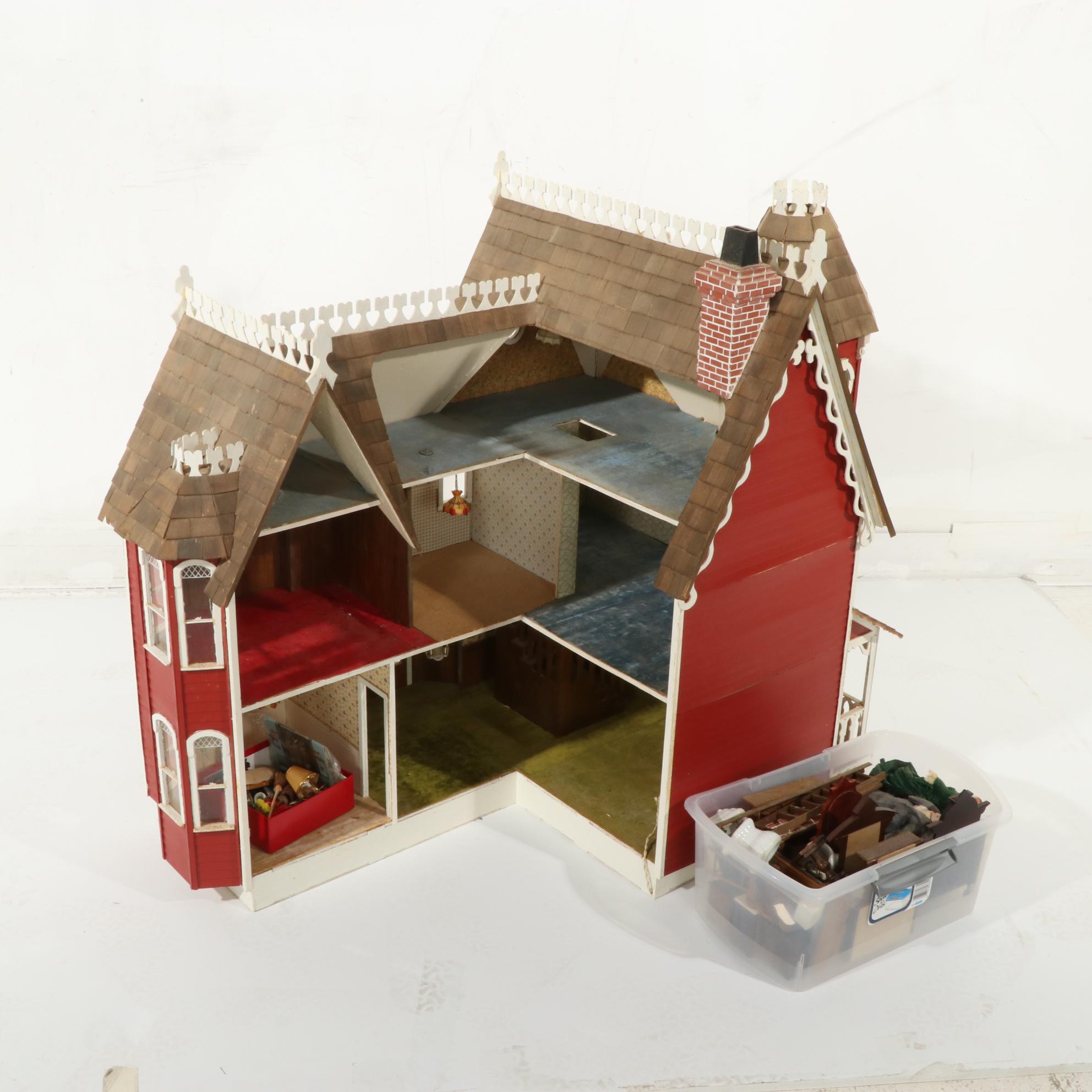 Handcrafted Wooden Doll House With Accessories, 20th Century