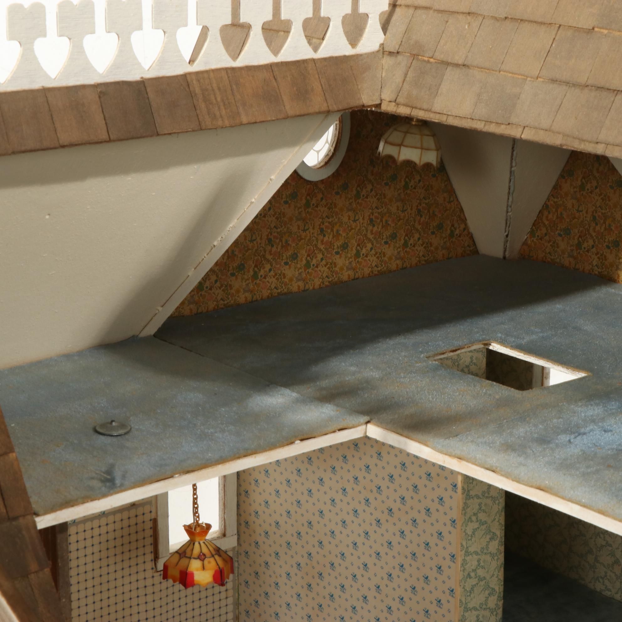 Handcrafted Wooden Doll House With Accessories, 20th Century