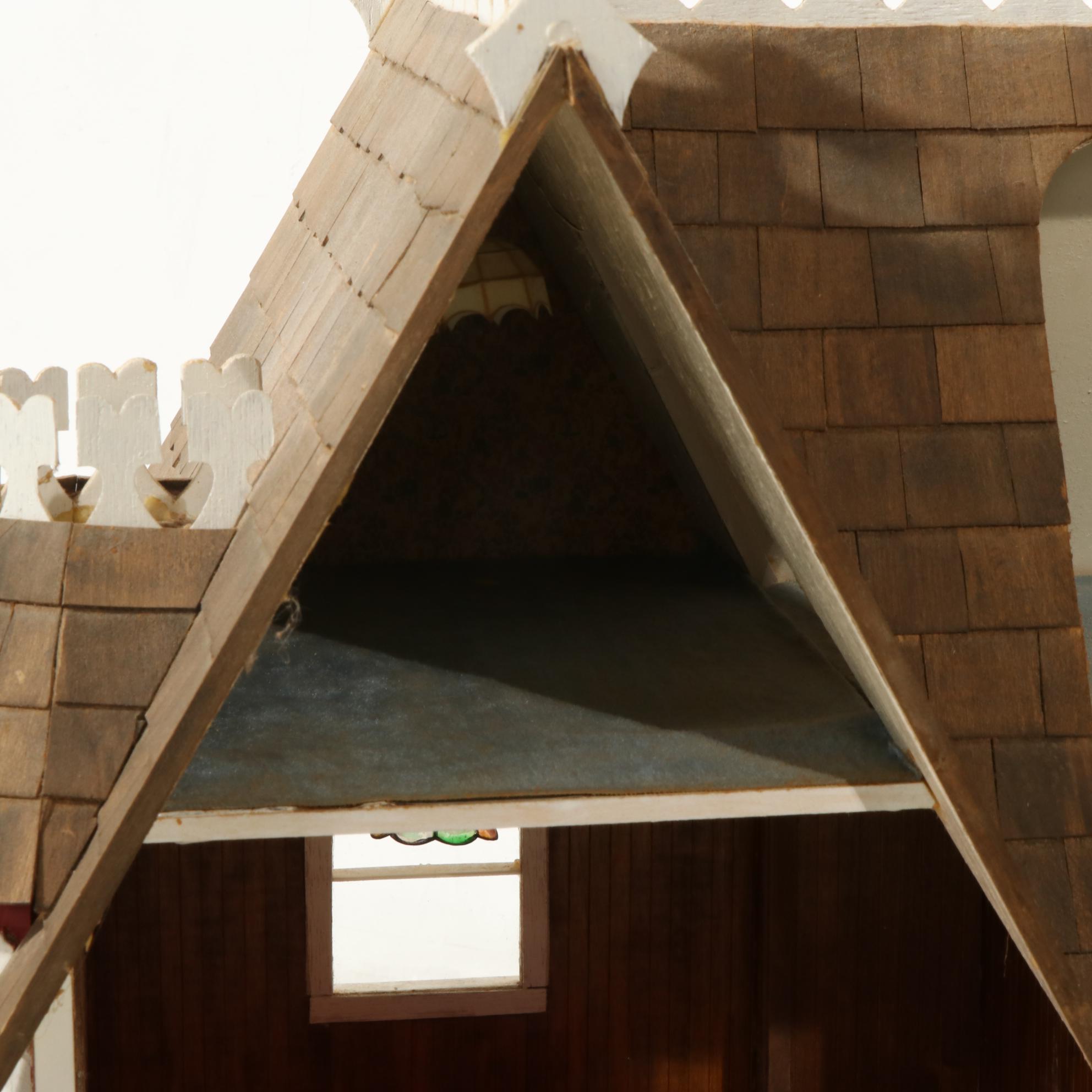 Handcrafted Wooden Doll House With Accessories, 20th Century