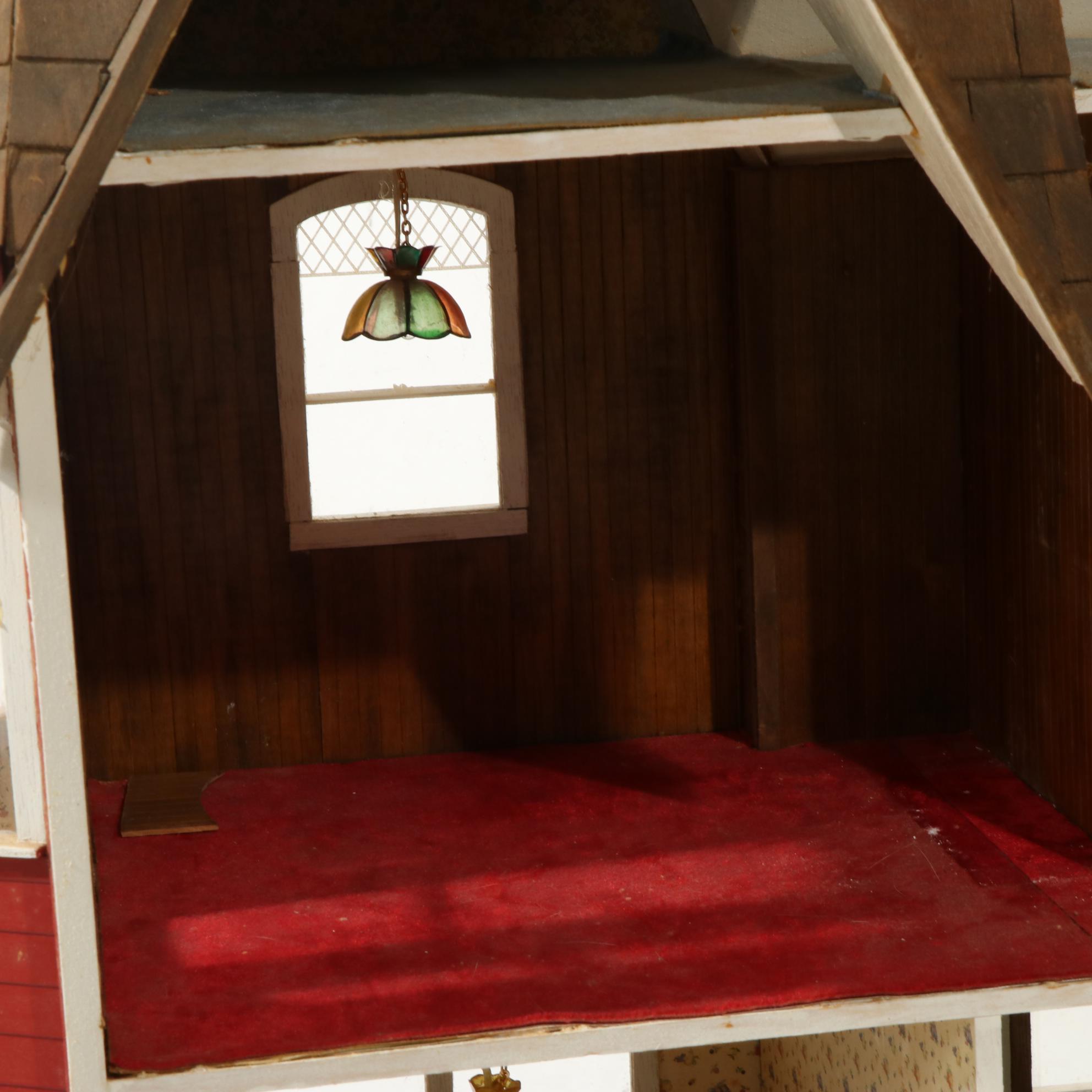 Handcrafted Wooden Doll House With Accessories, 20th Century