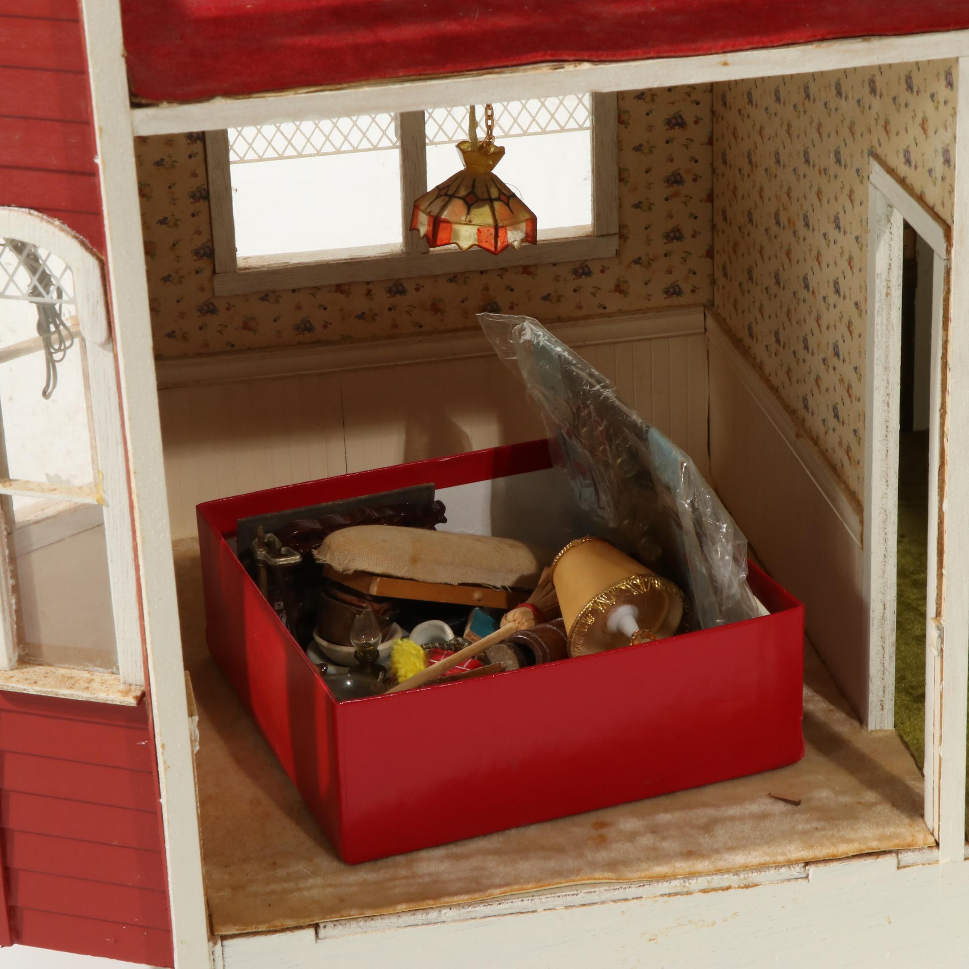 Handcrafted Wooden Doll House With Accessories, 20th Century