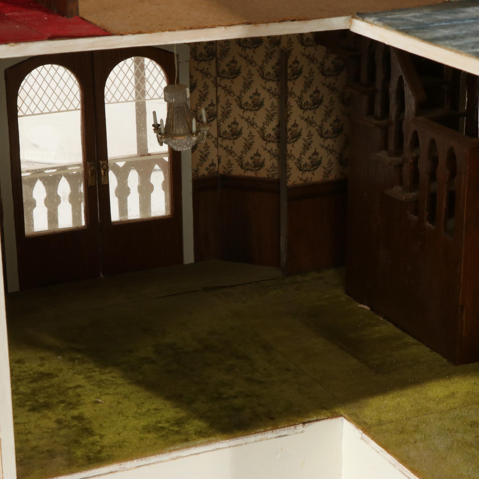 Handcrafted Wooden Doll House With Accessories, 20th Century