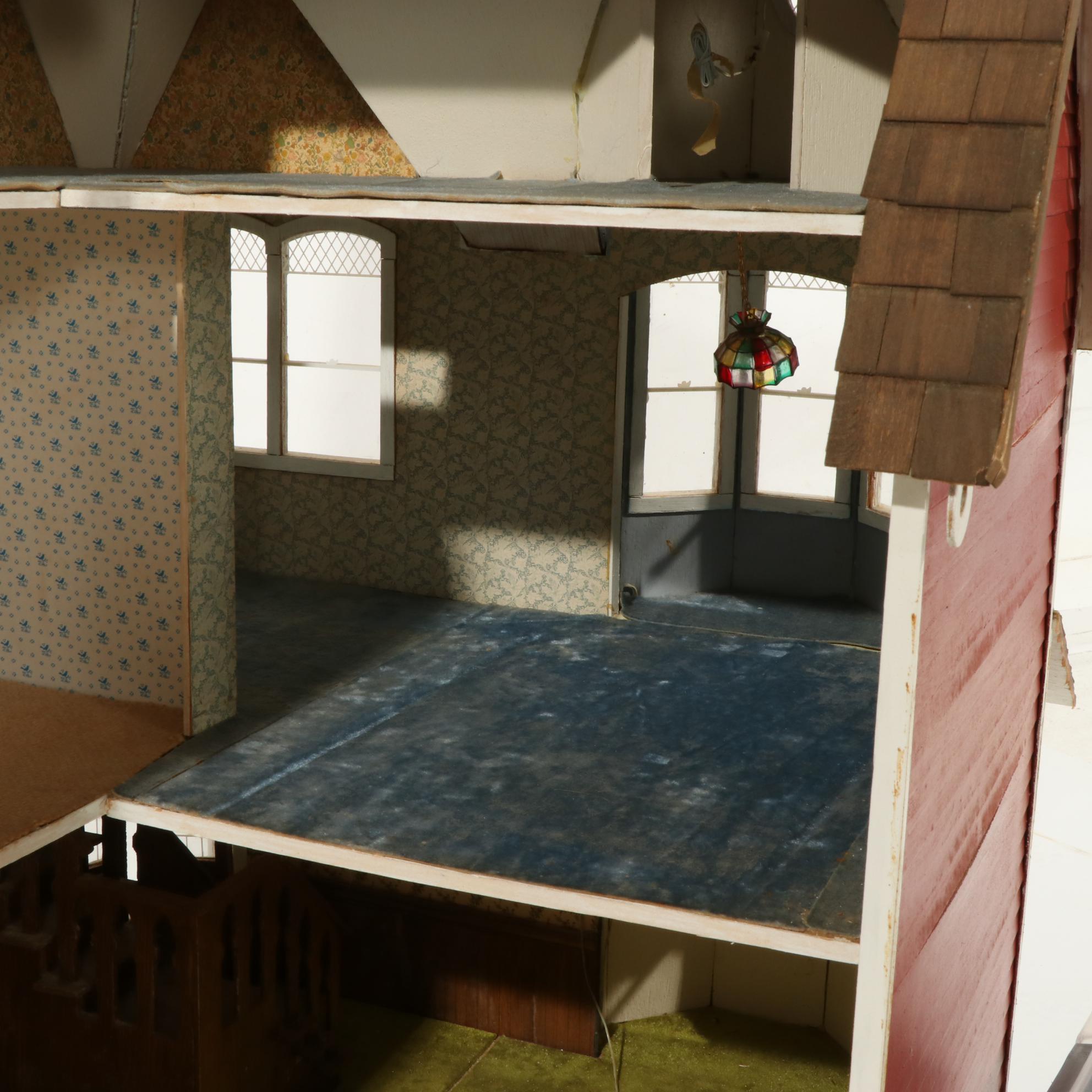 Handcrafted Wooden Doll House With Accessories, 20th Century