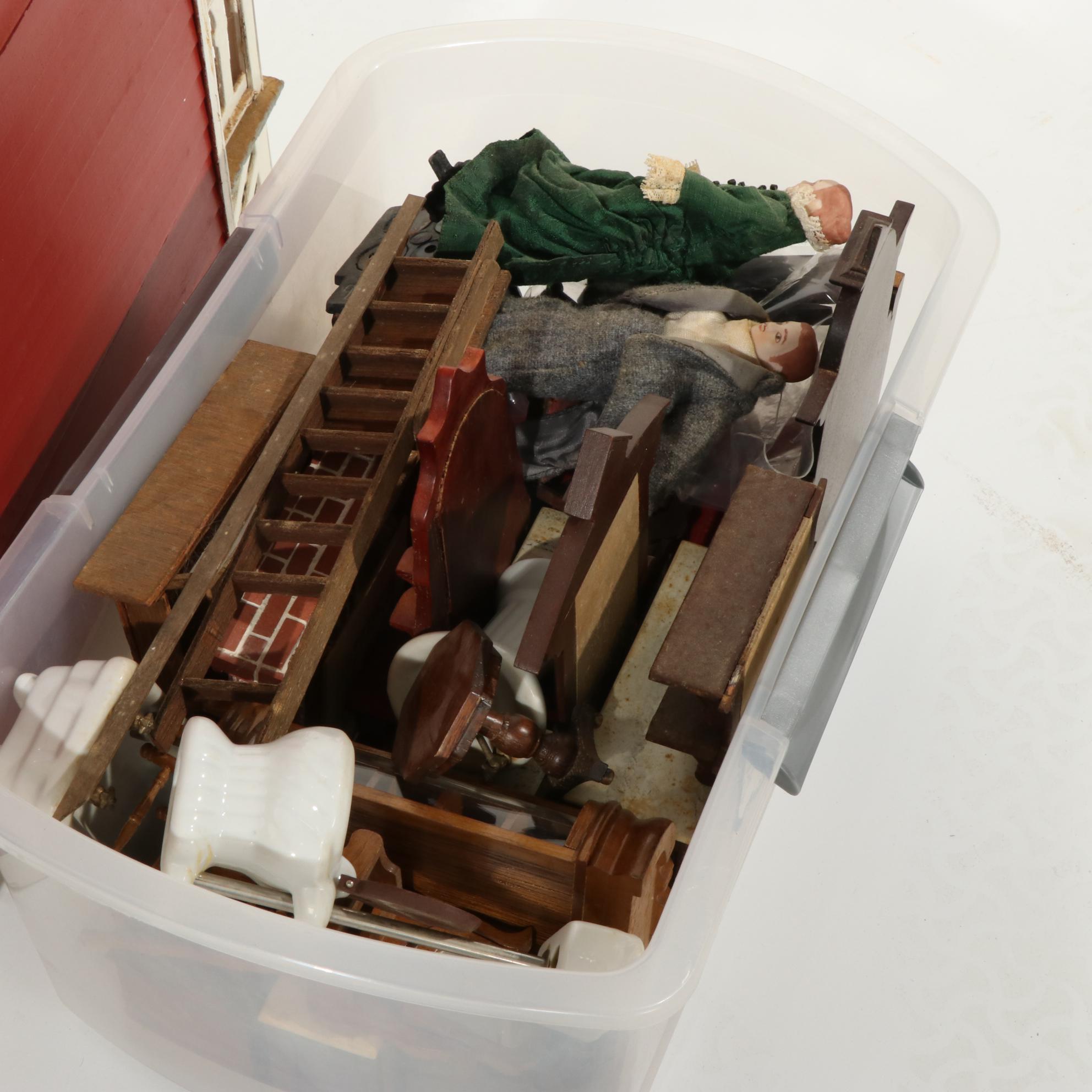 Handcrafted Wooden Doll House With Accessories, 20th Century