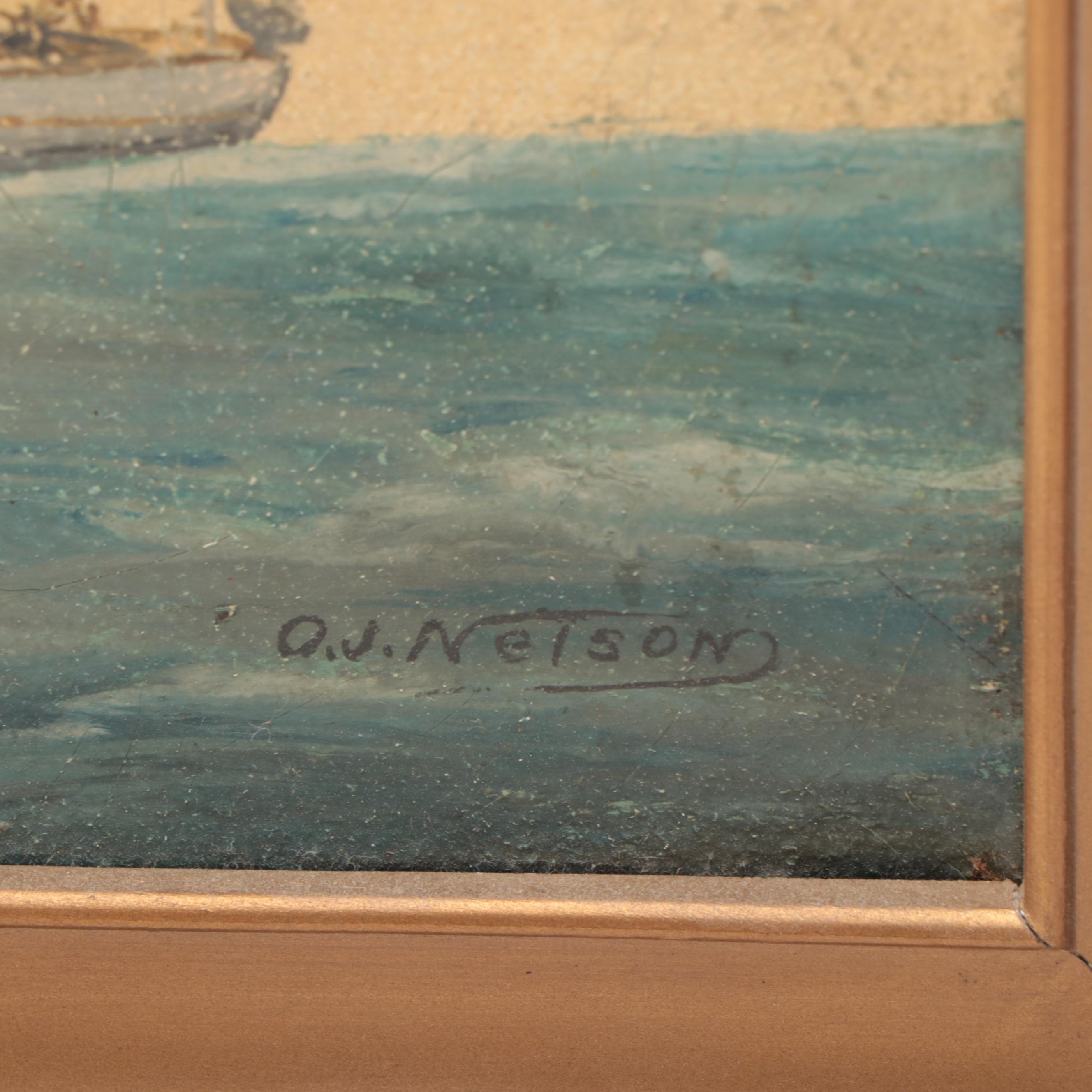 O.J. Nelson Oil Paintings of Ships at Sea, Mid-20th Century