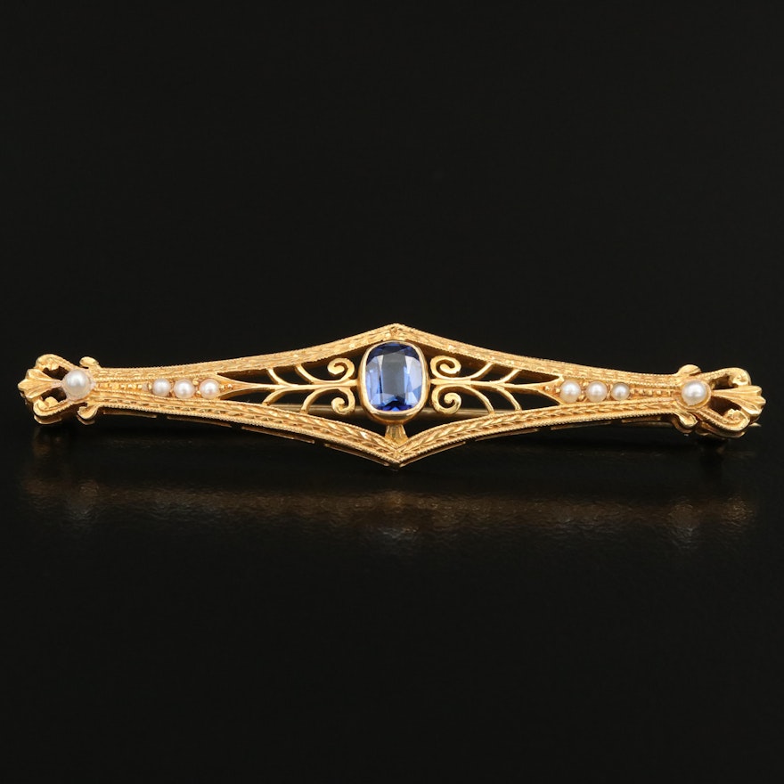 Vintage 14K Sapphire and Seed Pearl Bar Brooch with GIA Report