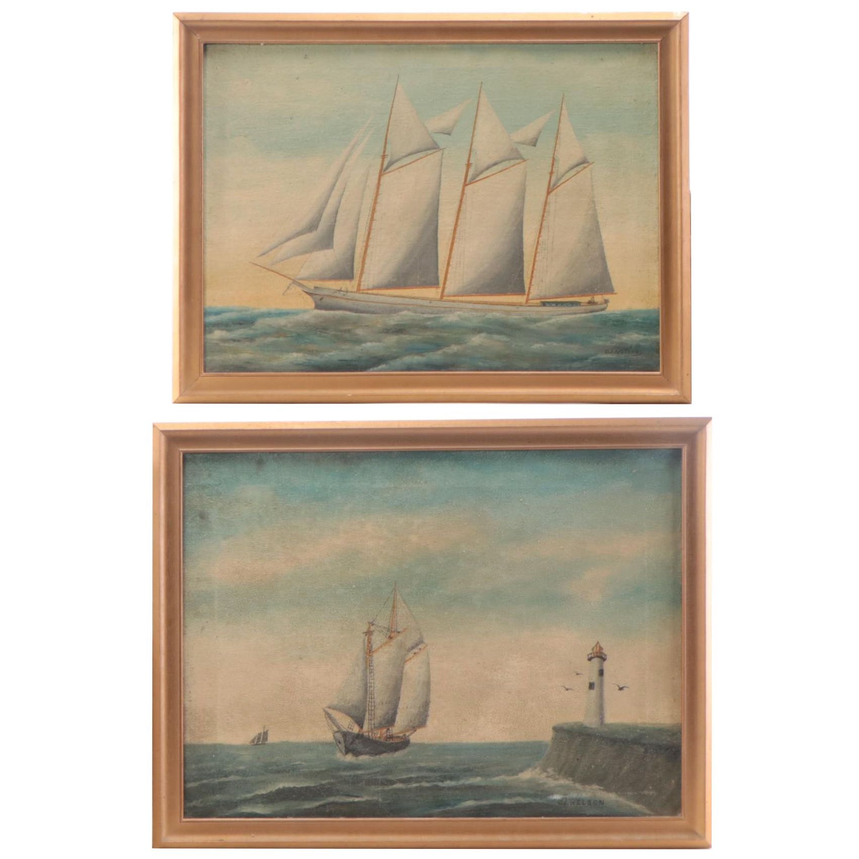 O.J. Nelson Oil Paintings of Ships at Sea, Mid-20th Century