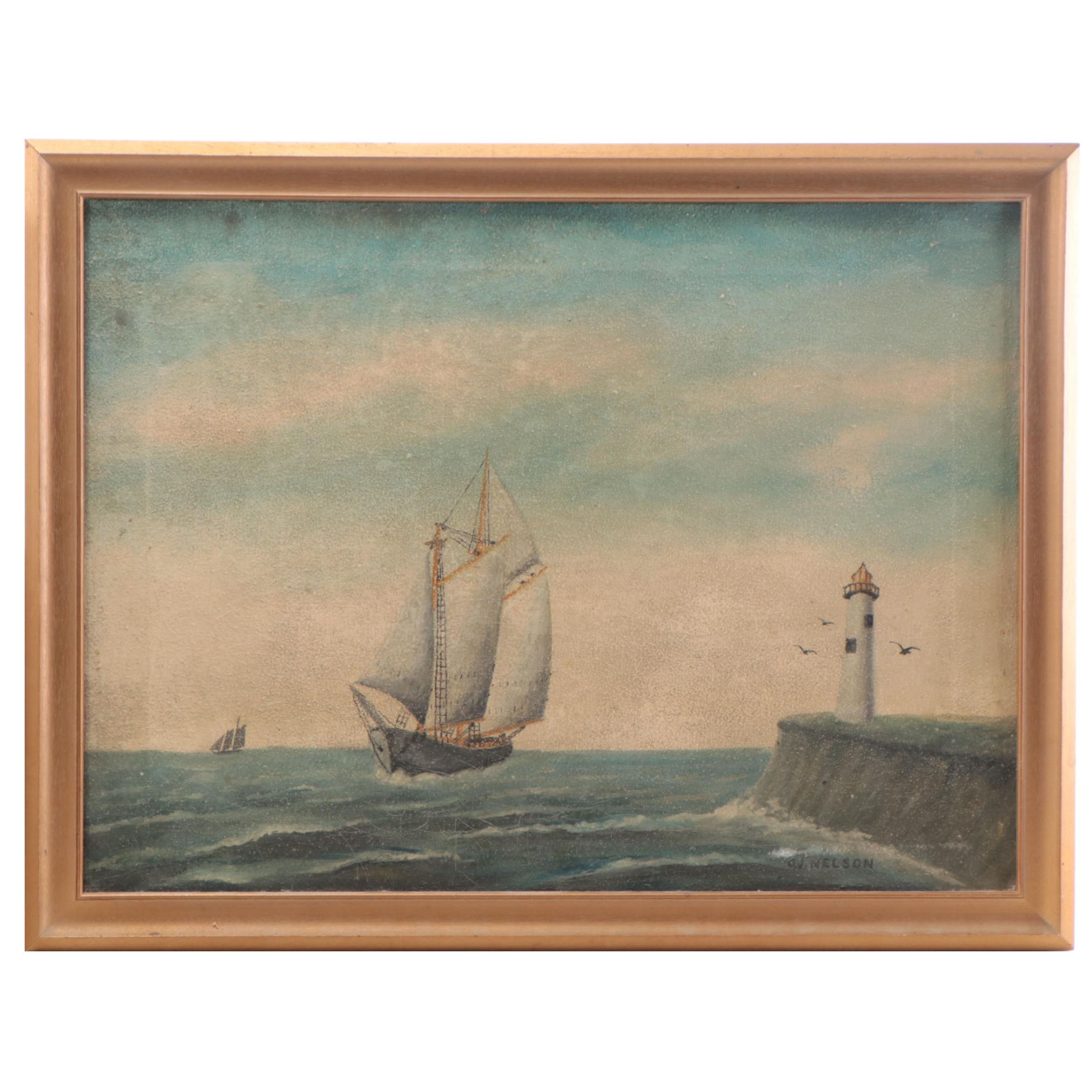 O.J. Nelson Oil Paintings of Ships at Sea, Mid-20th Century