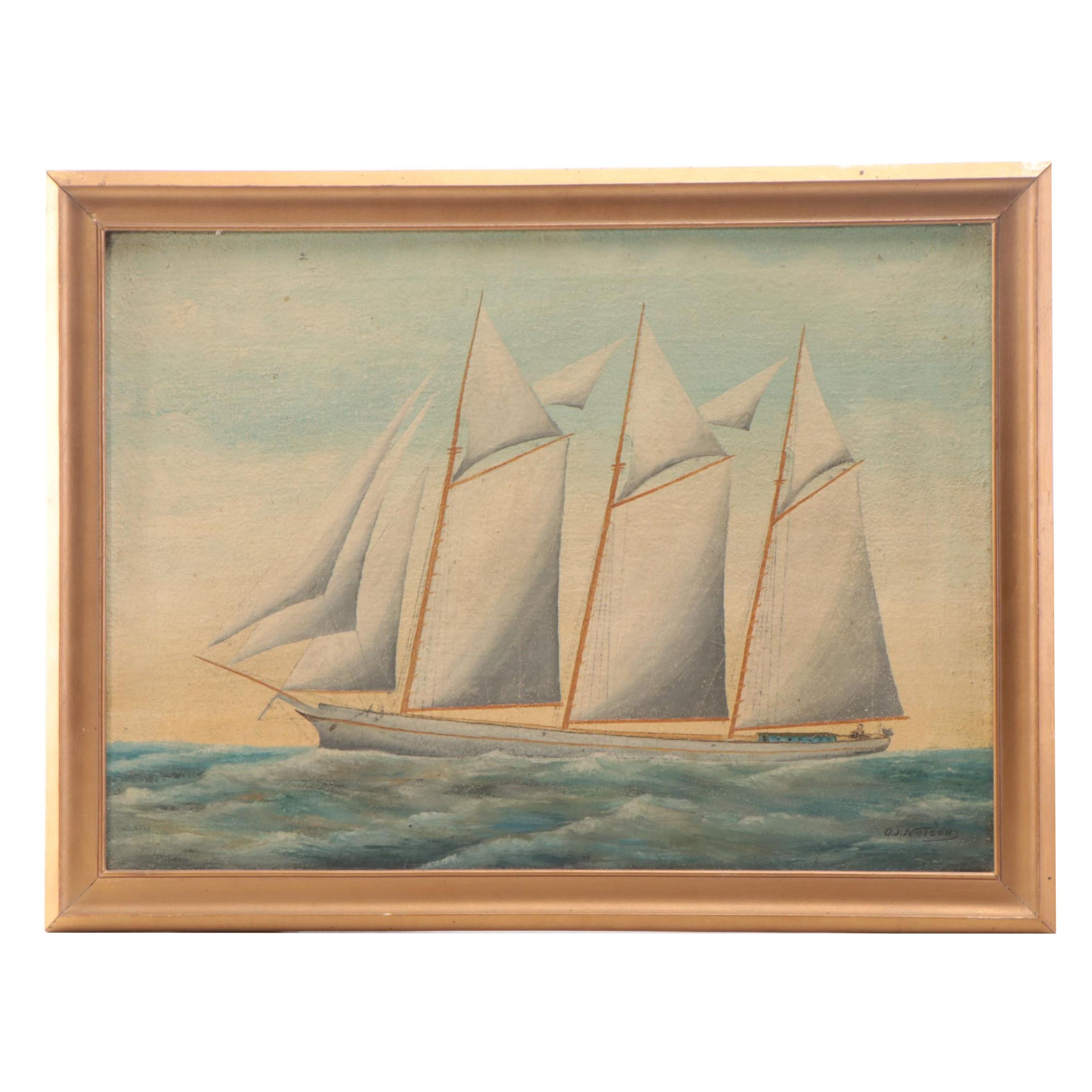 O.J. Nelson Oil Paintings of Ships at Sea, Mid-20th Century