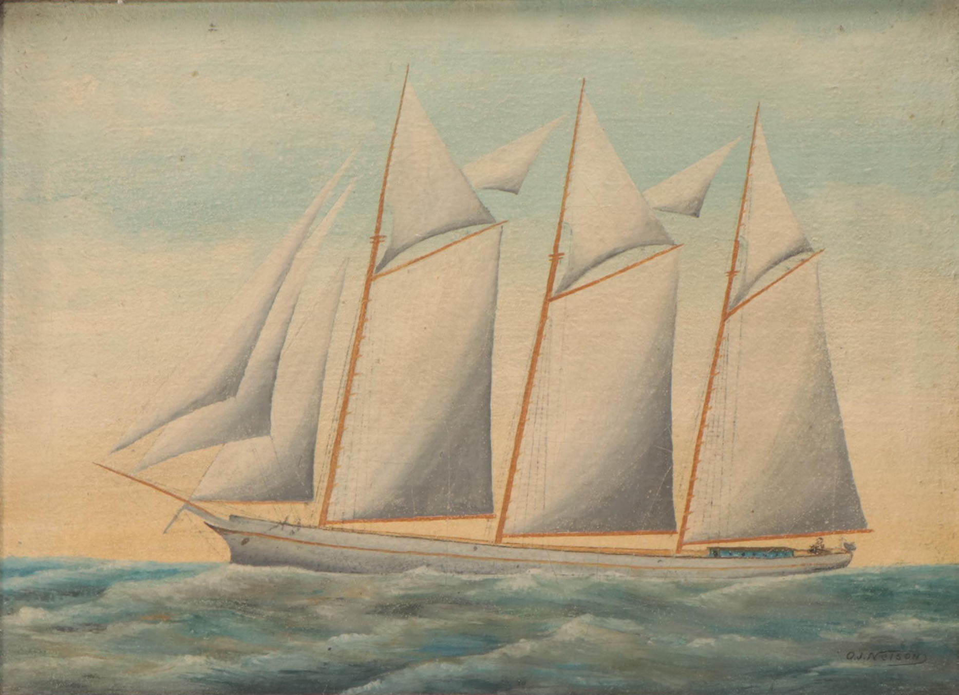 O.J. Nelson Oil Paintings of Ships at Sea, Mid-20th Century