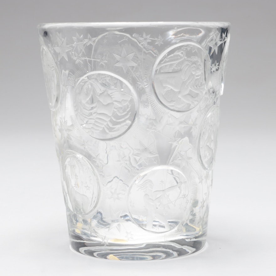 Exbor Cut and Engraved Zodiac Czech Art Glass Vase After Design by Věra Lišková