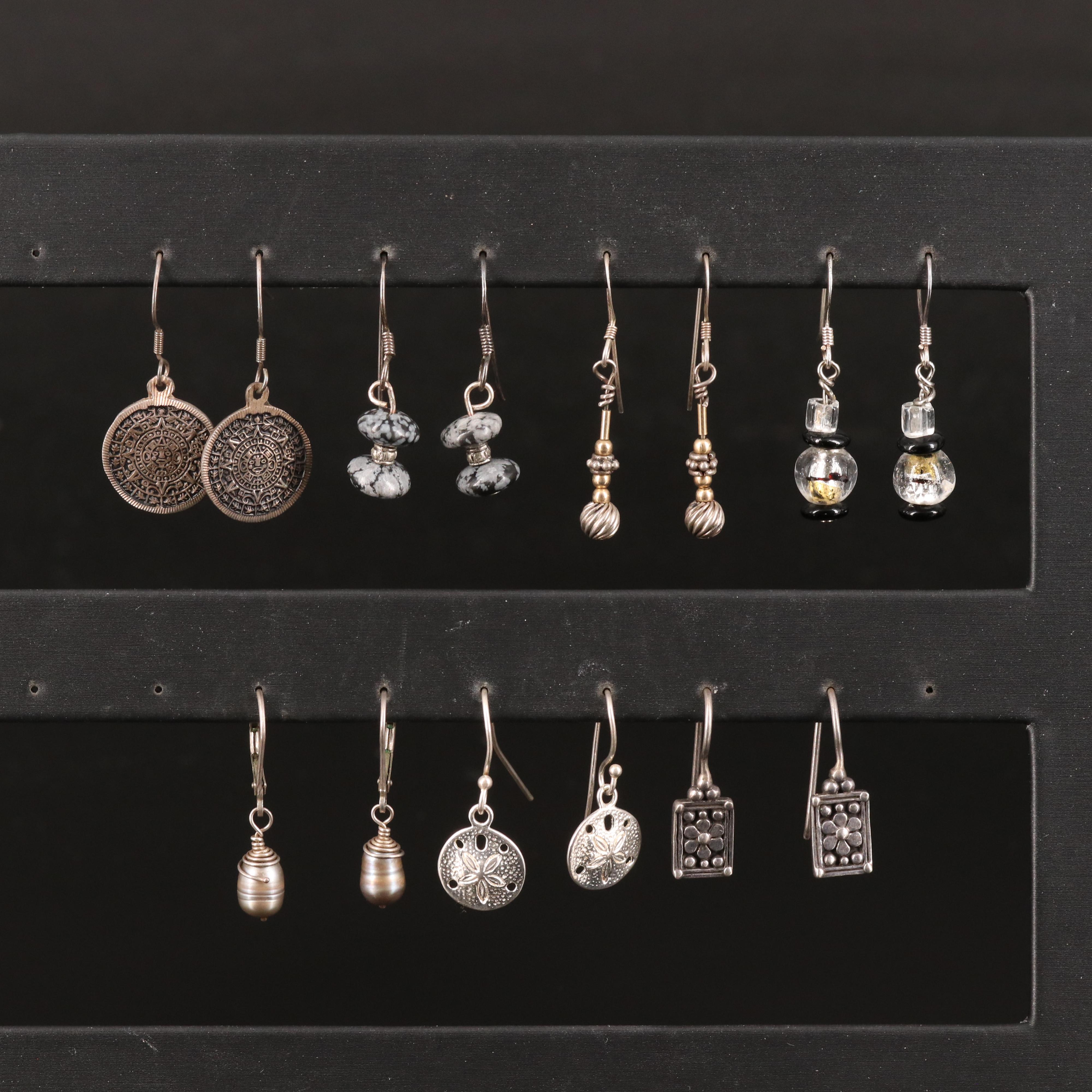 Sterling and 950 Silver Snowflake Obsidian and Pearl Earrings