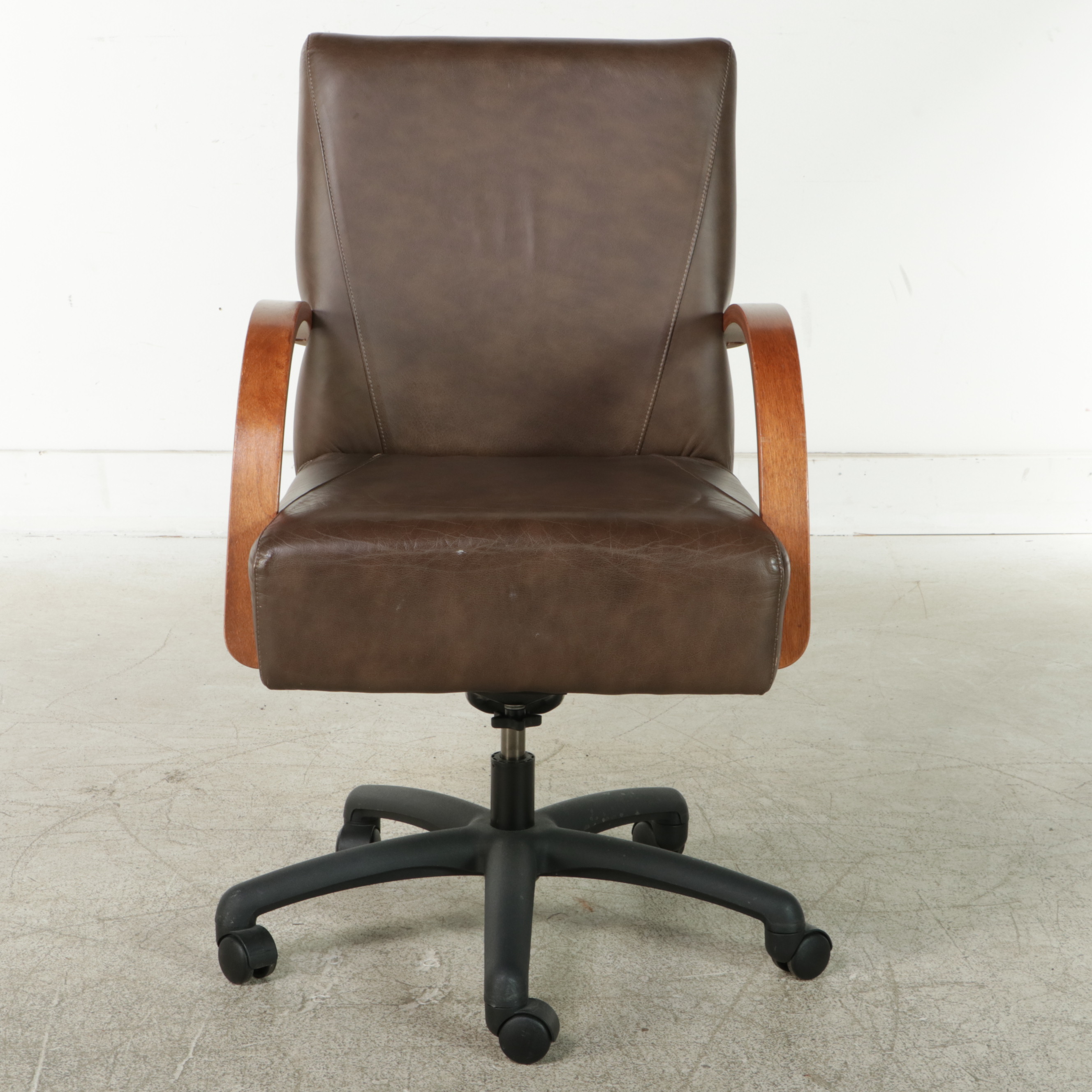 Bentwood and Bonded Leather Swivel-Tilt Adjustable-Height Desk Chair