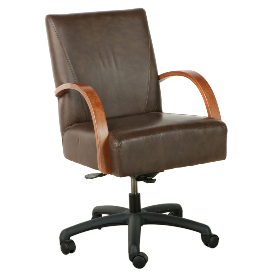 Bentwood and Bonded Leather Swivel-Tilt Adjustable-Height Desk Chair